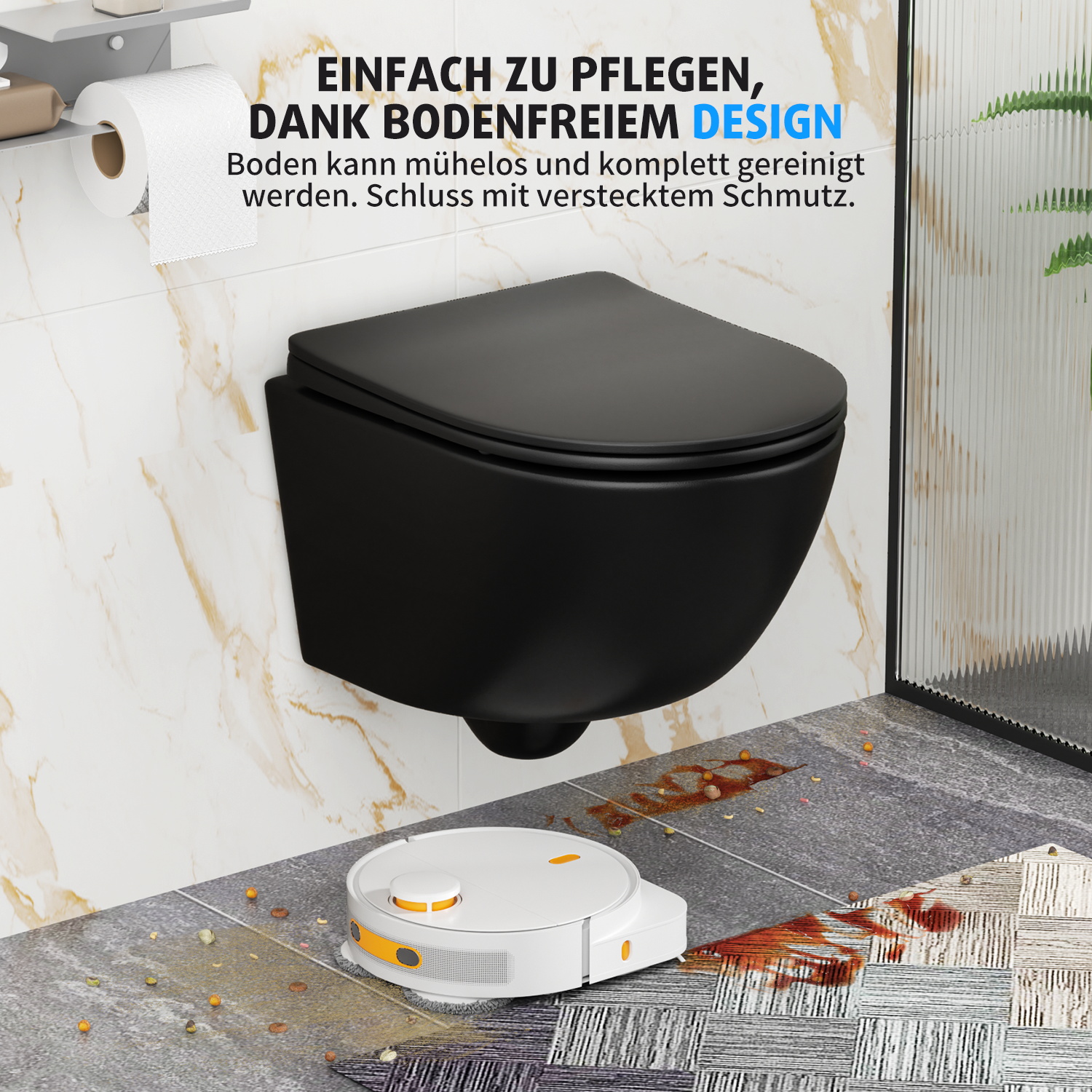 Rainsworth Wall-Mounted Toilet Rimless - Hanging Toilet Powerful Flushing with Efficient Flushing Technology, Toilet Bowl Including Toilet Seat with Soft-Close Mechanism and Quick Release, Black, 48.5 cm