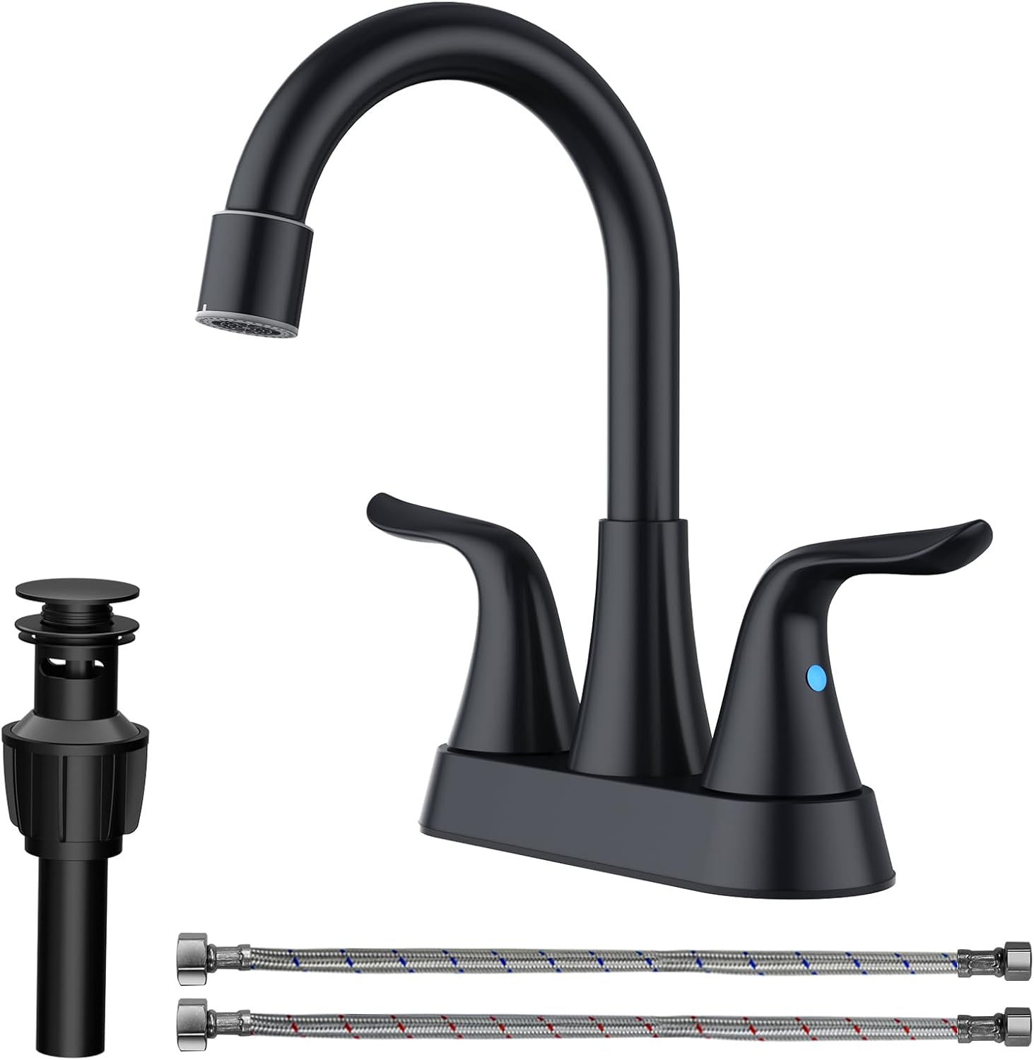 EMBATHER Bathroom Faucets Centerset, NSF Certified 4 inch Matte Black Vanity Faucet for Sink 2 or 3 Hole with Pop-up Drain and 2 Supply Hoses, 2 Handle Touch on Bathroom Sink Faucets