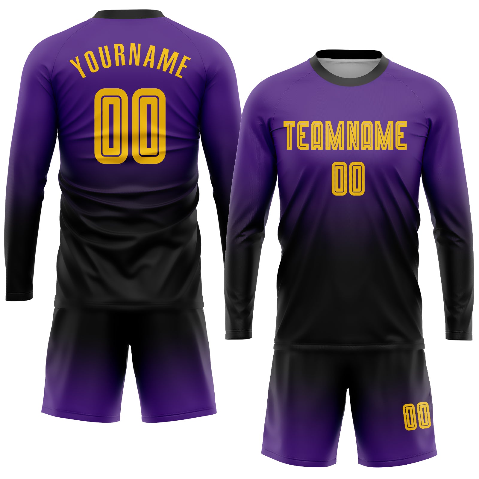 Custom Purple Gold-Black Sublimation Long Sleeve Fade Fashion Soccer Uniform Jersey～～～$22.99～Sublimation Long Sleeve Soccer～～mysite～shopiaas～啦啦啦
