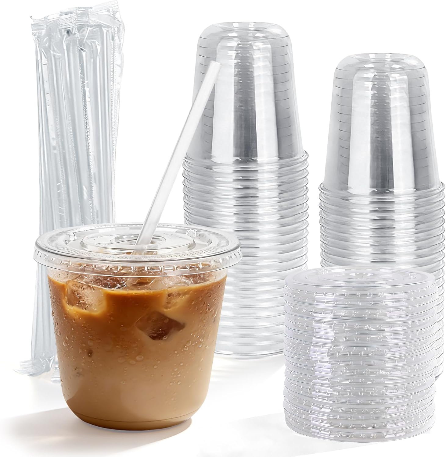 Astomi 10 oz Disposable Plastic Cups, Clear Iced Coffee Cups with Lids and Straws, Sturdy and Food-Safe Plastic Cups with Lids, Portable Clear Drink Cups for Parties, Events, and Offices