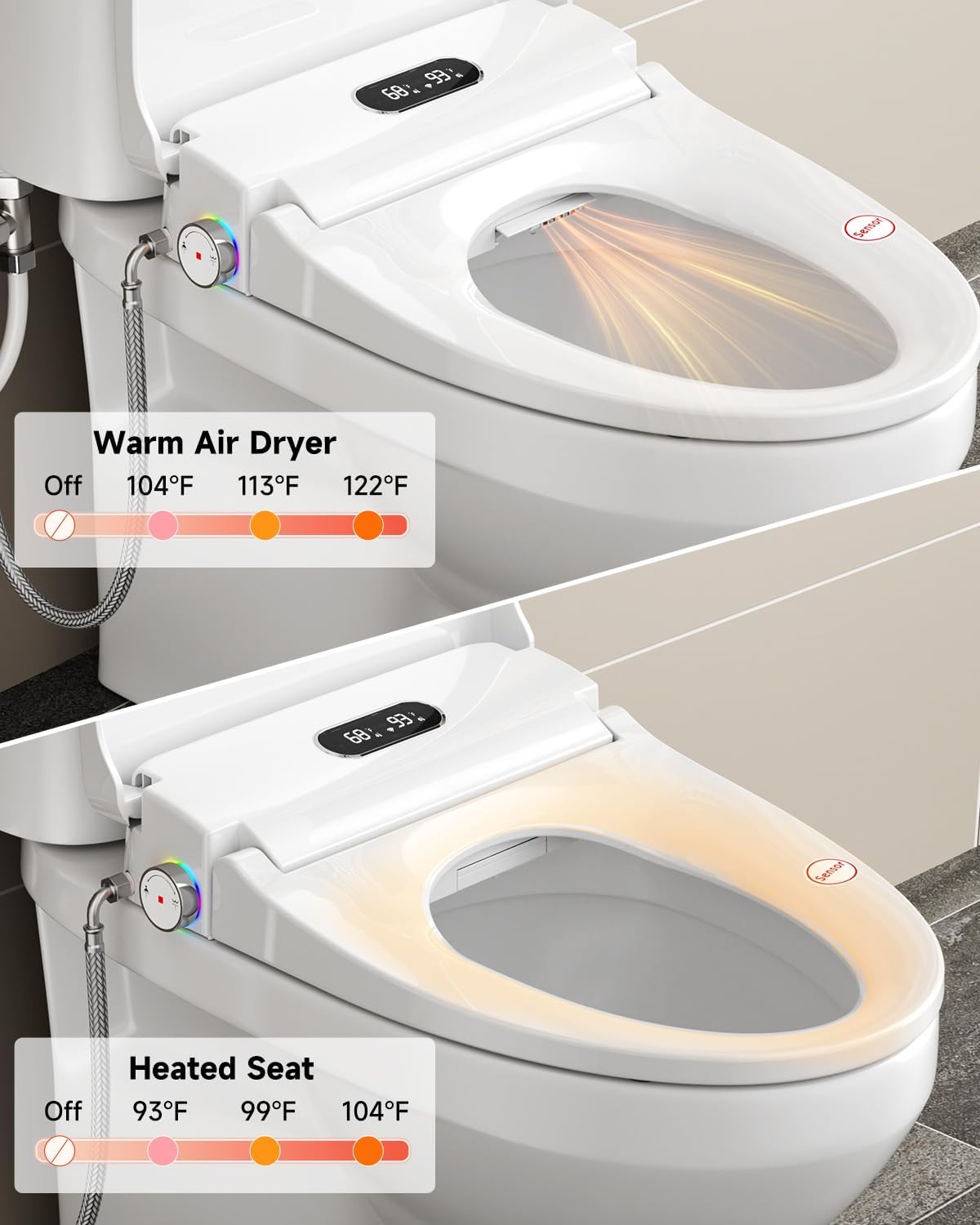 Rainsworth Smart Bidet Seat with Dual User Memory, Instant Heat & Auto-Dry Cycle - Adjustable Heated Seat, Warm Water, Stainless Nozzles, Remote & Knob Control for Elongated Toilets