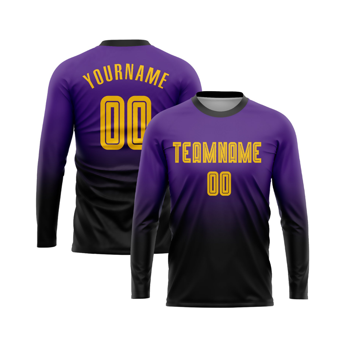 Custom Purple Gold-Black Sublimation Long Sleeve Fade Fashion Soccer Uniform Jersey～～～$22.99～Sublimation Long Sleeve Soccer～～mysite～shopiaas～啦啦啦