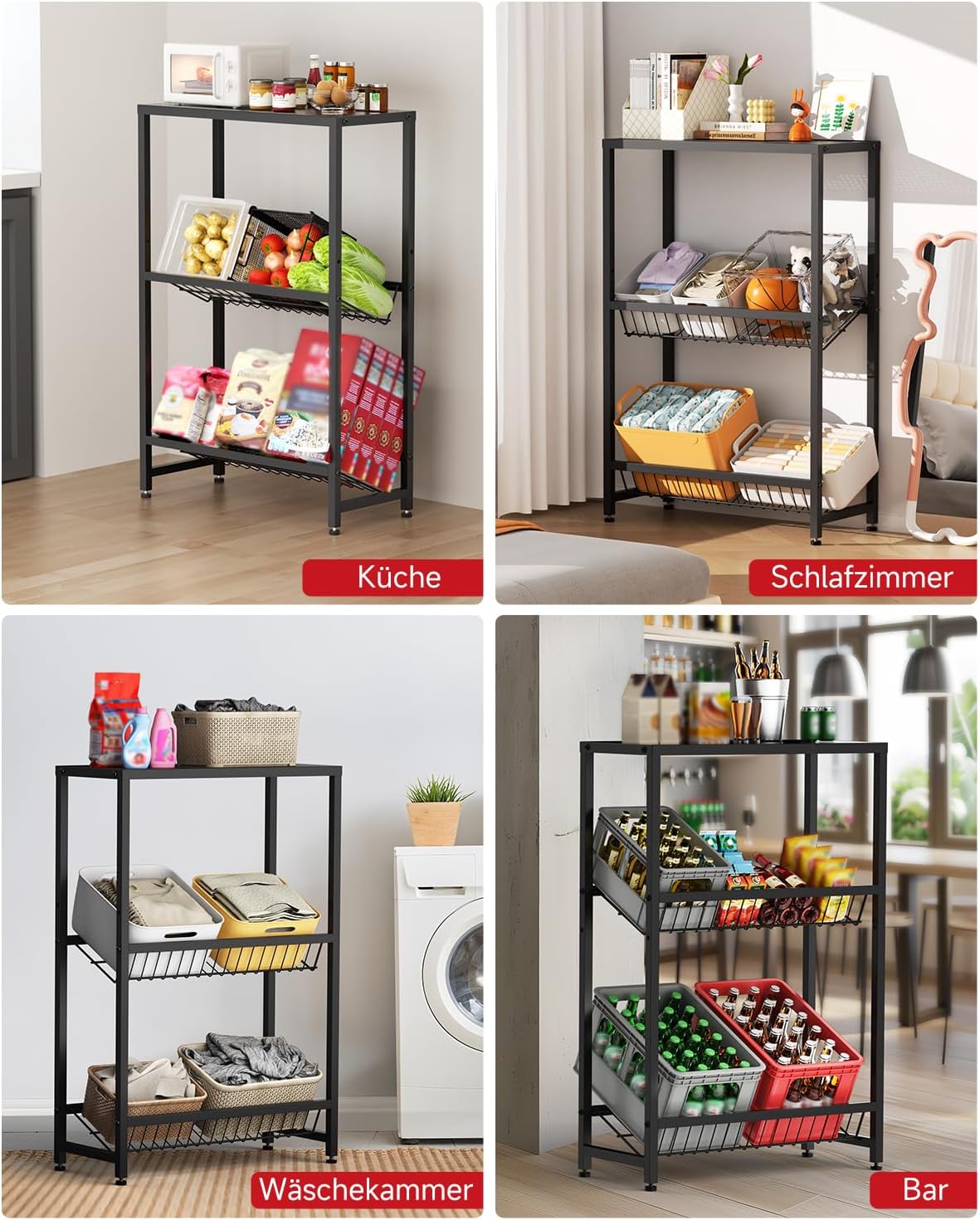 Rainsworth Drinks Crate Rack with Shelf with Metal Mesh Holder, 33D x 75W x 113H cm, 4 Crate Shelves for 4 Crates, Drinks Rack with Adjustable Feet