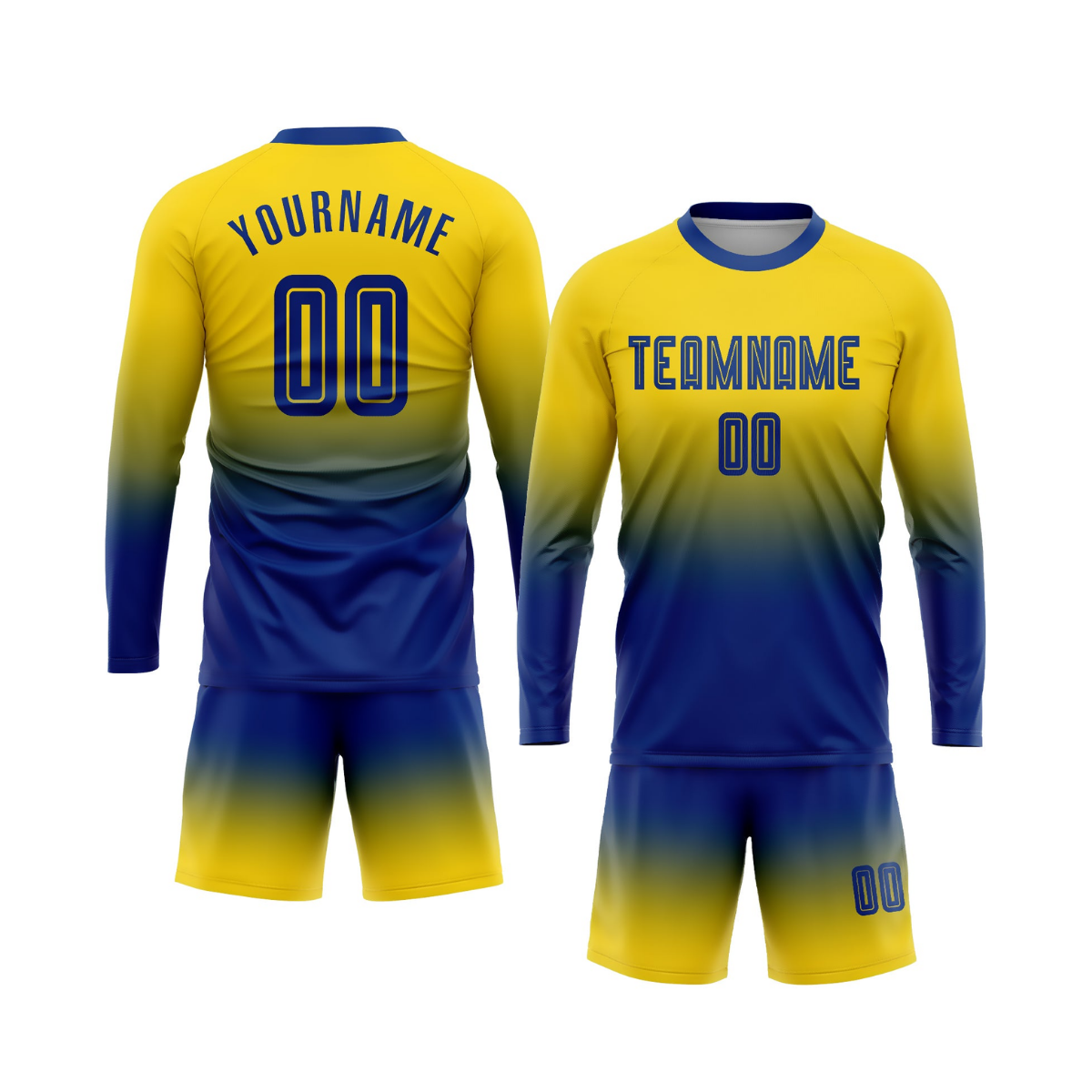 Custom Gold Royal Sublimation Long Sleeve Fade Fashion Soccer Uniform Jersey～～～$22.99～Sublimation Long Sleeve Soccer～～mysite～shopiaas～啦啦啦