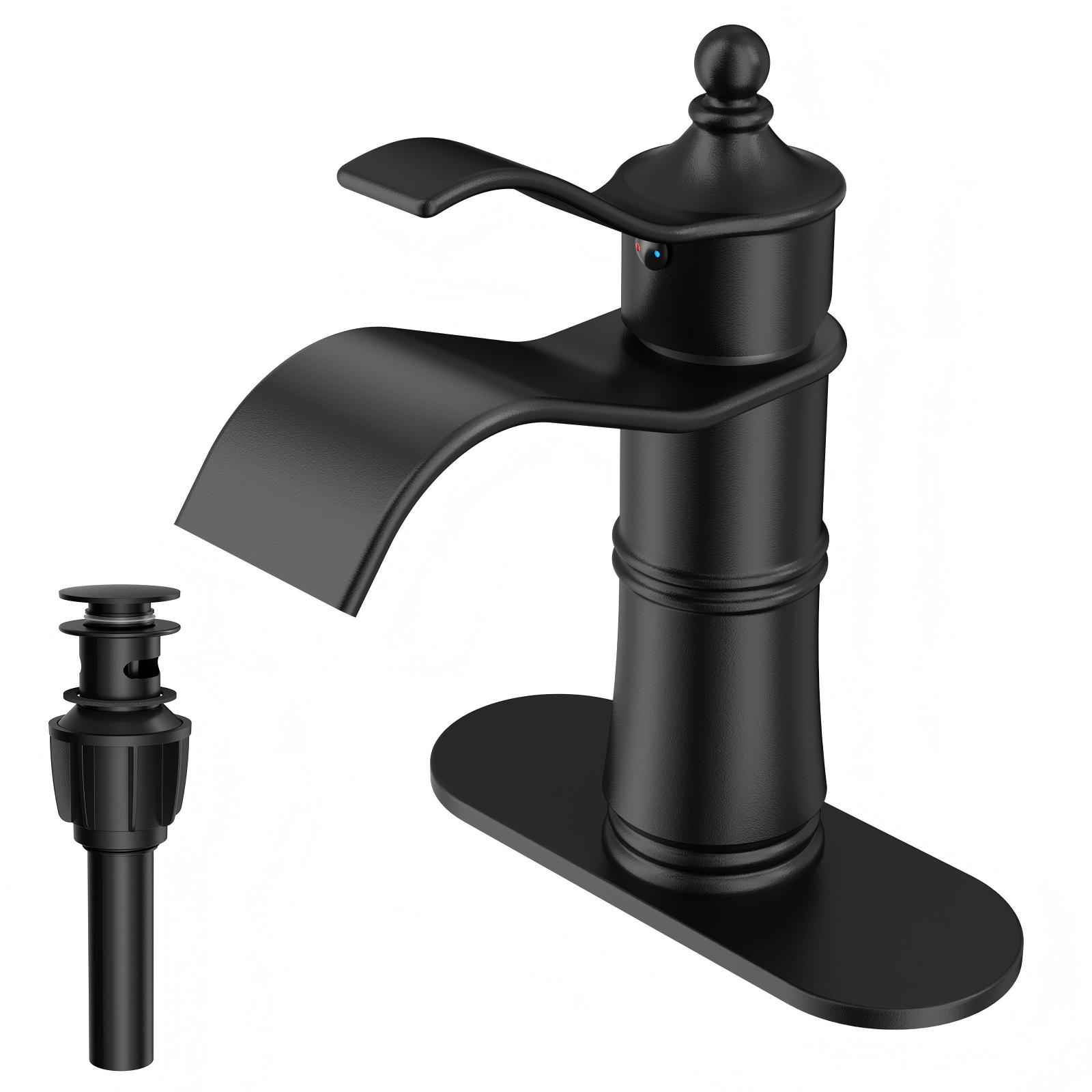 SR SUN RISE Vintage Waterfall Bathroom Faucet, Matte Black, Pop-Up Drain