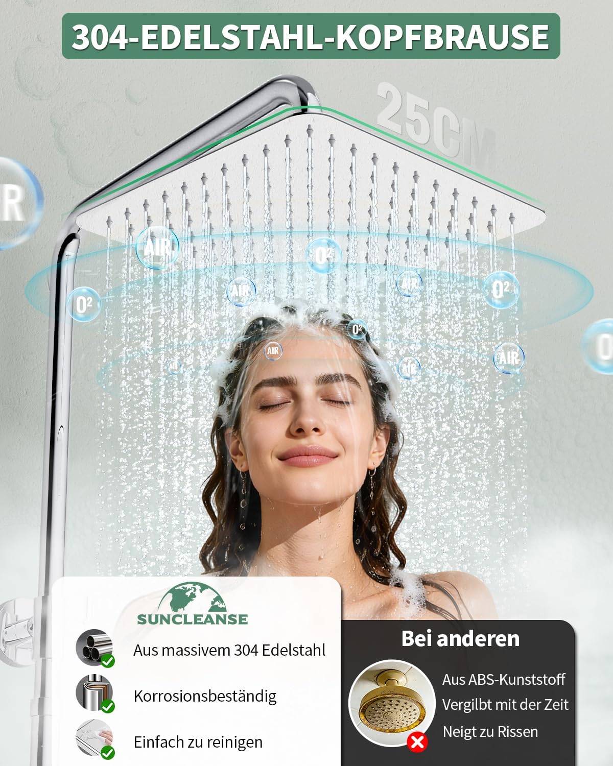 SunCleanse Rain shower without fittings, square shower head made of stainless steel, 25 x 25 cm, height adjustable shower rail from 75-110 cm, with high pressure hand shower, shower system with brass switching valve, chrome