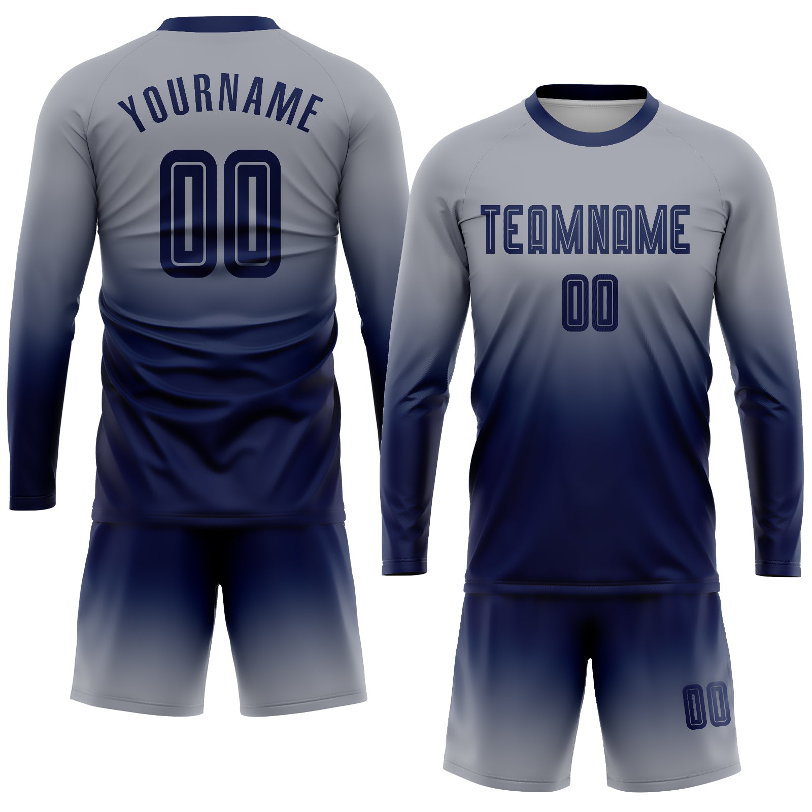 Custom Gray Navy Sublimation Long Sleeve Fade Fashion Soccer Uniform Jersey～～～$22.99～Sublimation Long Sleeve Soccer～～mysite～shopiaas～啦啦啦