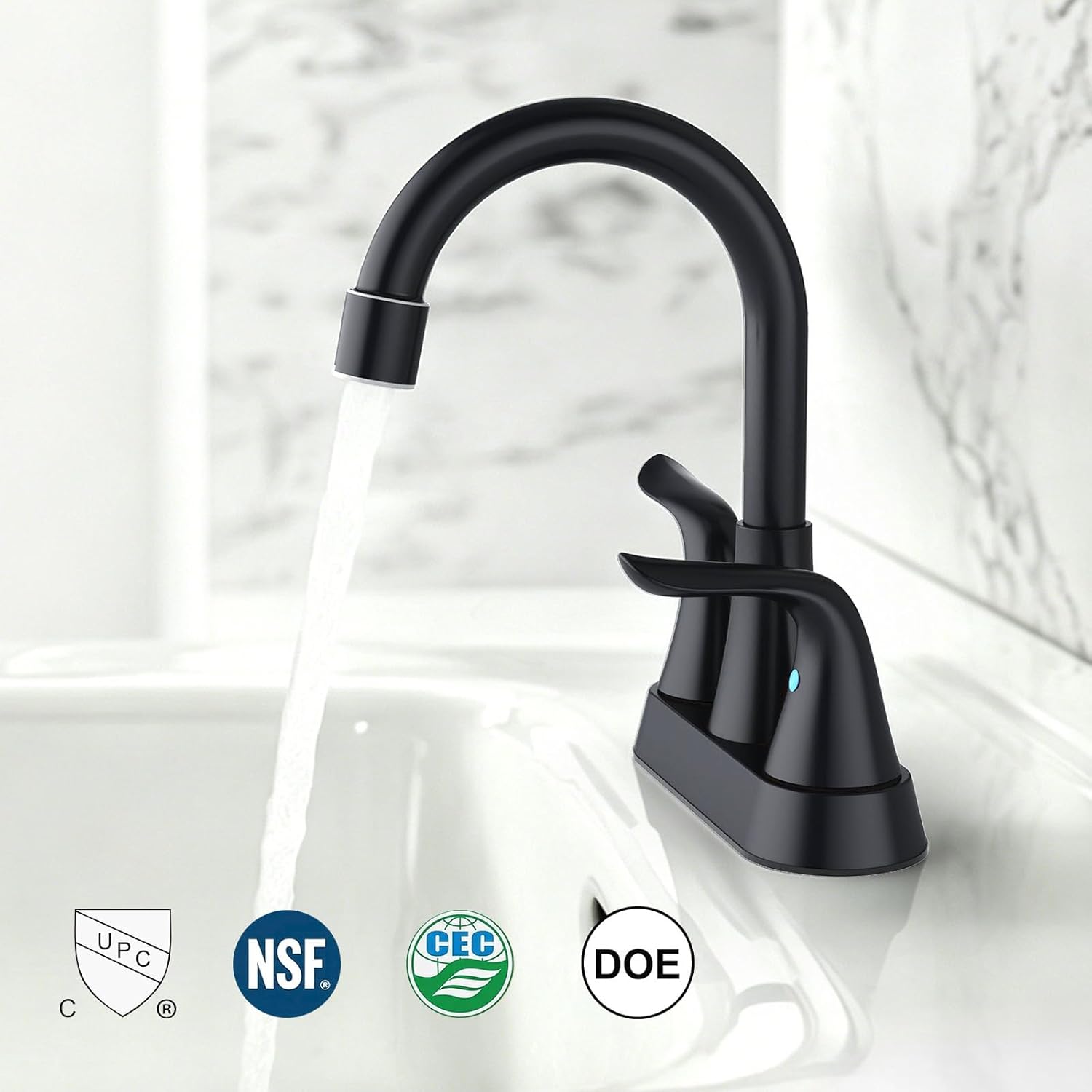 EMBATHER Bathroom Faucets Centerset, NSF Certified 4 inch Matte Black Vanity Faucet for Sink 2 or 3 Hole with Pop-up Drain and 2 Supply Hoses, 2 Handle Touch on Bathroom Sink Faucets