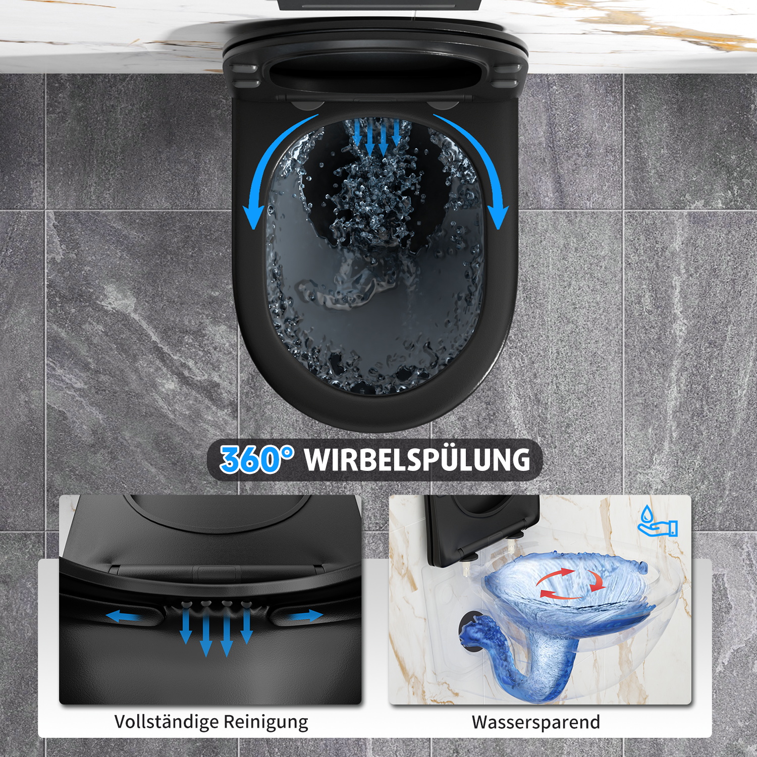Rainsworth Wall-Mounted Toilet Rimless - Hanging Toilet Powerful Flushing with Efficient Flushing Technology, Toilet Bowl Including Toilet Seat with Soft-Close Mechanism and Quick Release, Black, 48.5 cm
