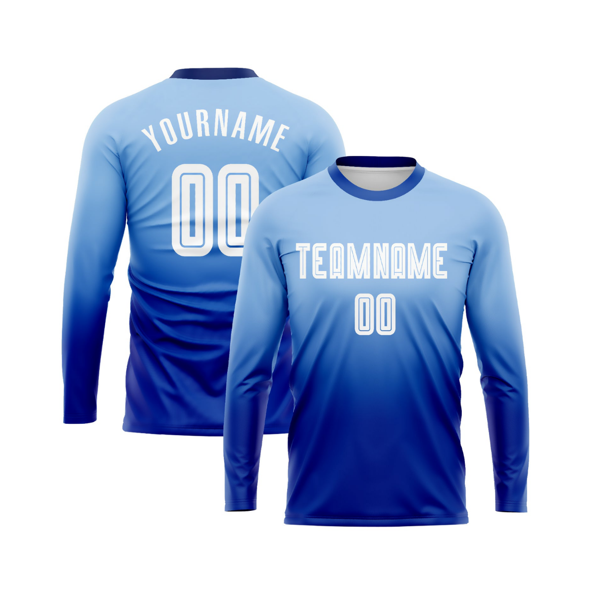 Custom Light Blue White-Royal Sublimation Long Sleeve Fade Fashion Soccer Uniform Jersey～～～$22.99～Sublimation Long Sleeve Soccer～～mysite～shopiaas～啦啦啦