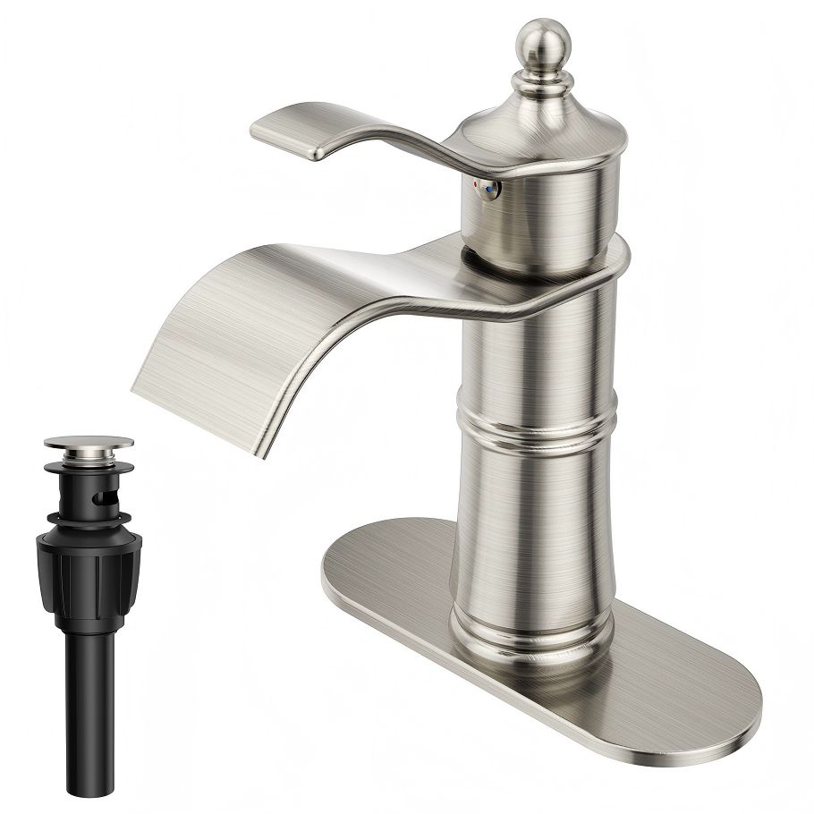 SR SUN RISE Vintage Waterfall Bathroom Faucet, Brushed Nickel, Pop-Up Drain