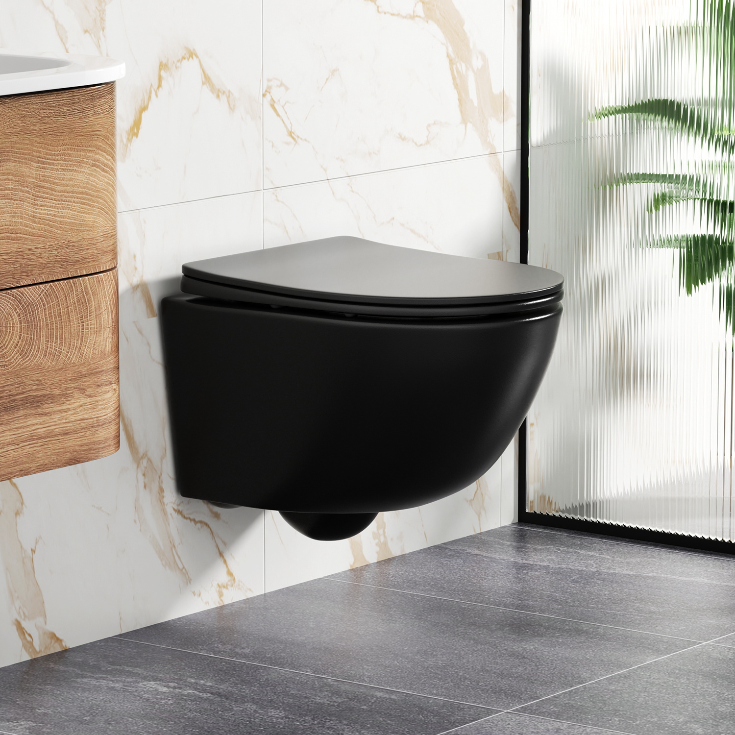Rainsworth Wall-Mounted Toilet Rimless - Hanging Toilet Powerful Flushing with Efficient Flushing Technology, Toilet Bowl Including Toilet Seat with Soft-Close Mechanism and Quick Release, Black, 48.5 cm