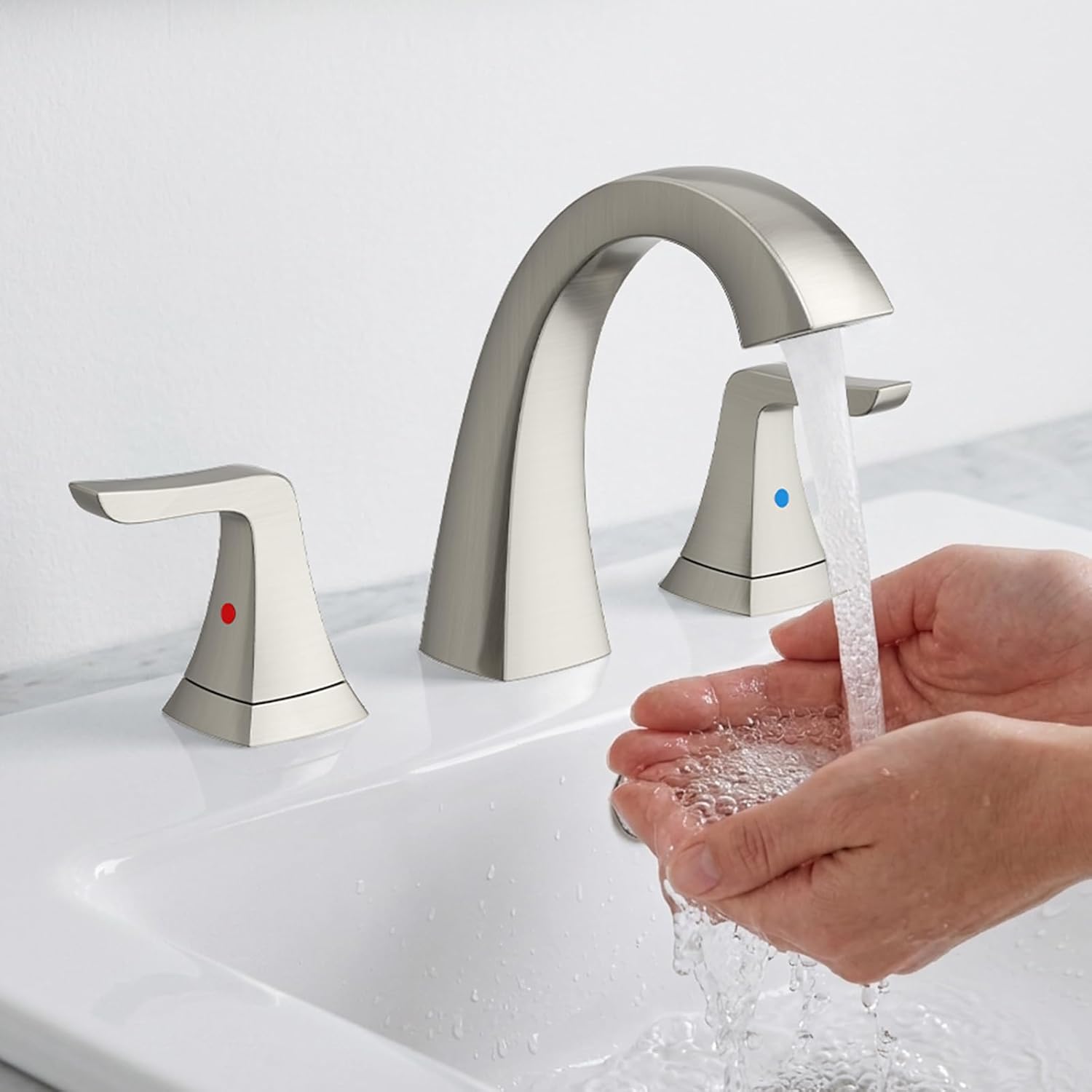 3-Hole Bathroom Sink Faucet - SR SUN RISE NSF Certified 8-inch Brushed Nickel Faucets with Pop-up Drain Assembly, 2 Handles, 2 Water Supply Lines, Widespread Sink Faucet for Vanity, RV, and Bathroom