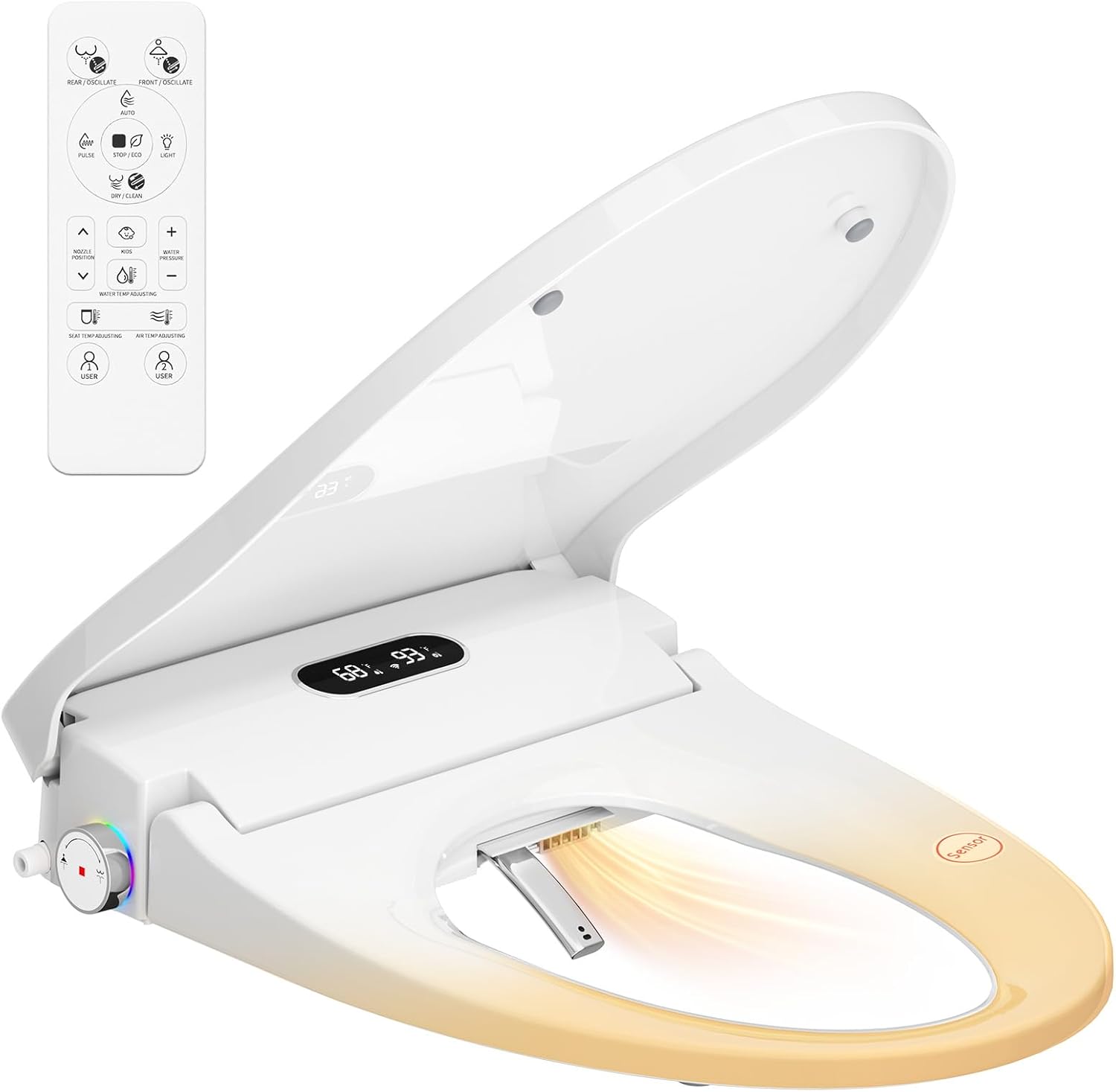Rainsworth Smart Bidet Seat with Dual User Memory, Instant Heat & Auto-Dry Cycle - Adjustable Heated Seat, Warm Water, Stainless Nozzles, Remote & Knob Control for Elongated Toilets