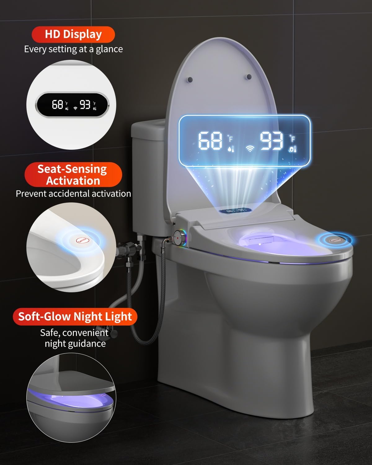 Rainsworth Smart Bidet Seat with Dual User Memory, Instant Heat & Auto-Dry Cycle - Adjustable Heated Seat, Warm Water, Stainless Nozzles, Remote & Knob Control for Elongated Toilets