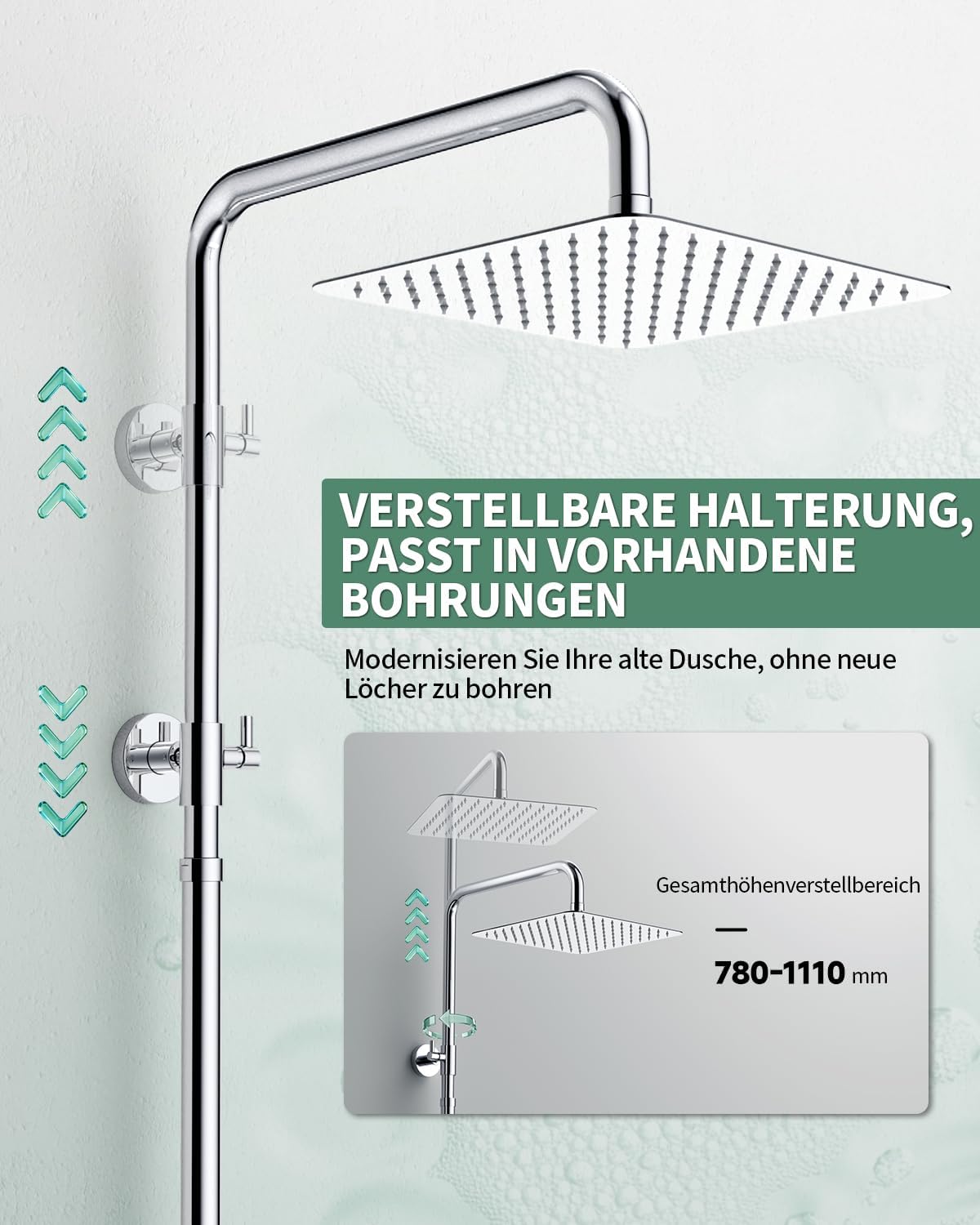 SunCleanse Rain shower without fittings, square shower head made of stainless steel, 25 x 25 cm, height adjustable shower rail from 75-110 cm, with high pressure hand shower, shower system with brass switching valve, chrome