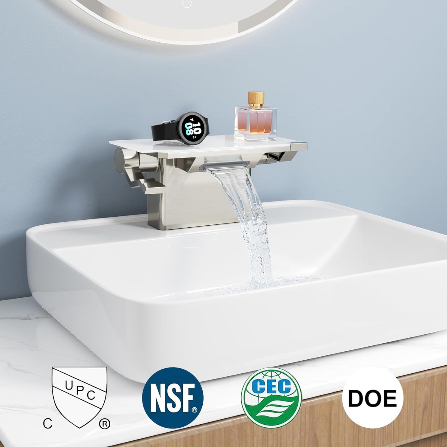 EMBATHER Matte Black Bathroom Faucet with Storage Platform for Bathroom Sink - NSF Certified 4 Inch 2 Handle Basin Faucet, Widerspread Bathroom Sink Faucet