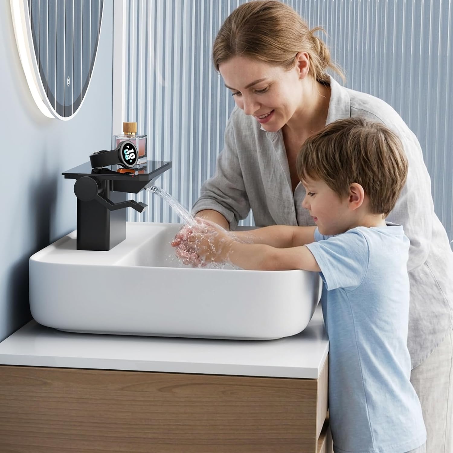 EMBATHER Matte Black Bathroom Faucet with Storage Platform for Bathroom Sink - NSF Certified 4 Inch 2 Handle Basin Faucet, Widerspread Bathroom Sink Faucet