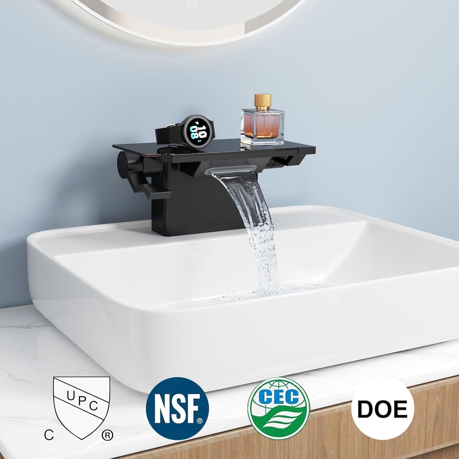 EMBATHER Matte Black Bathroom Faucet with Storage Platform for Bathroom Sink - NSF Certified 4 Inch 2 Handle Basin Faucet, Widerspread Bathroom Sink Faucet