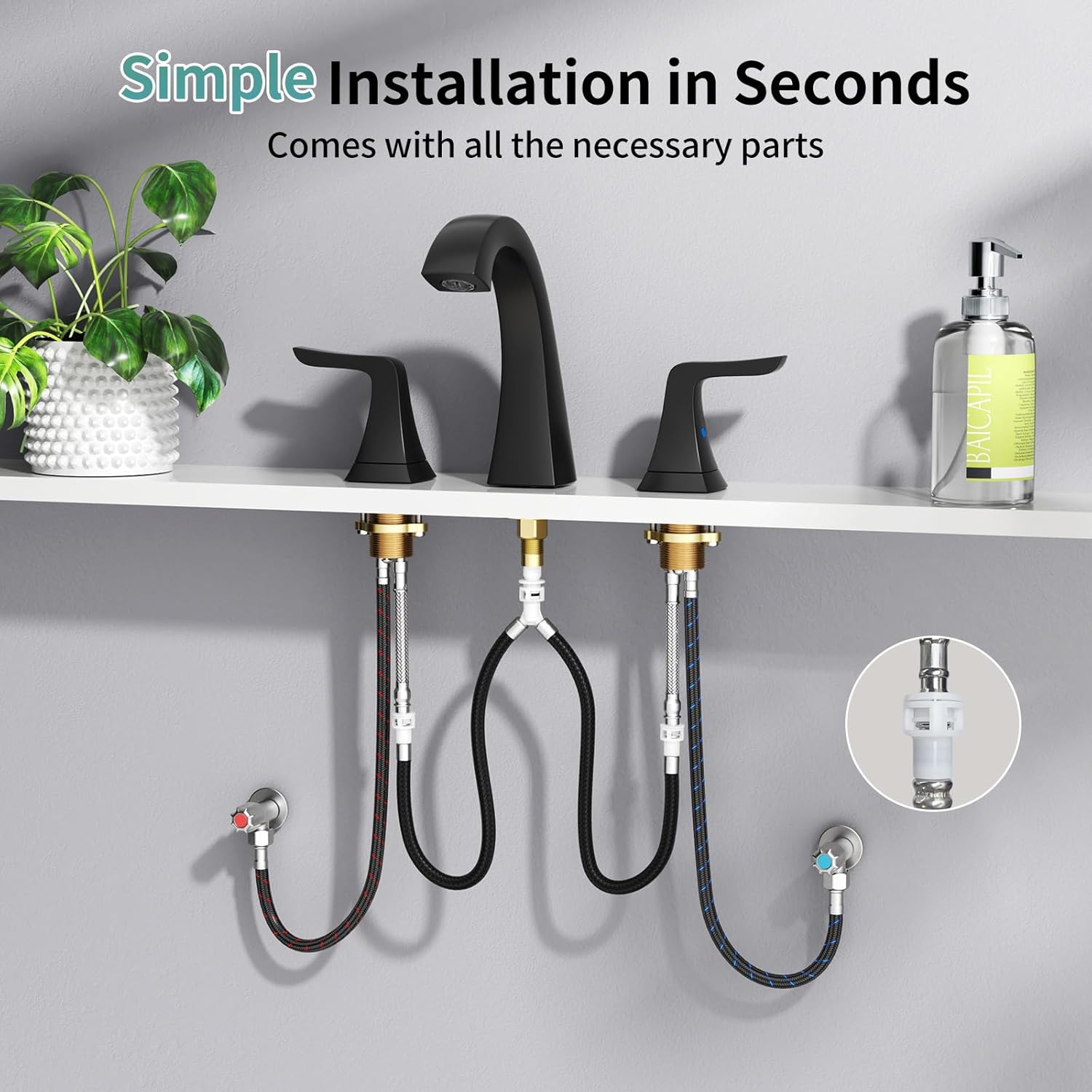 3-Hole Bathroom Sink Faucet - SR SUN RISE NSF Certified 8-inch Matte Black Faucets with Pop-up Drain Assembly, 2 Handles, 2 Water Supply Lines, Widespread Sink Faucet for Vanity, RV, and Bathroom
