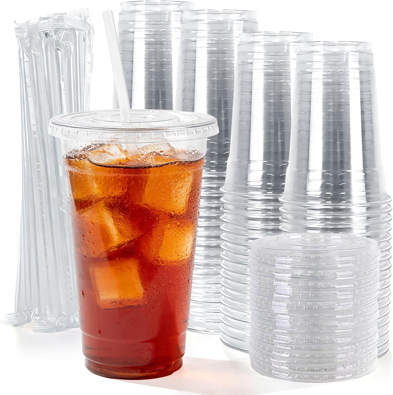 Astomi 10 oz Disposable Plastic Cups, Clear Iced Coffee Cups with Lids and Straws, Sturdy and Food-Safe Plastic Cups with Lids, Portable Clear Drink Cups for Parties, Events, and Offices
