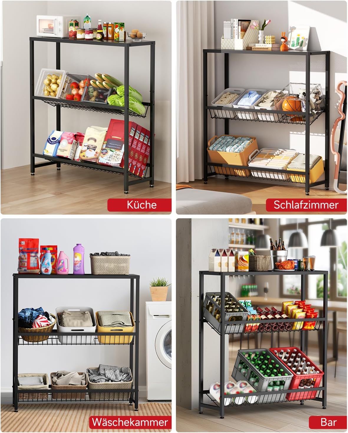 Rainsworth Drinks Crate Rack with Shelf with Metal Mesh Holder, 33D x 75W x 113H cm, 4 Crate Shelves for 4 Crates, Drinks Rack with Adjustable Feet