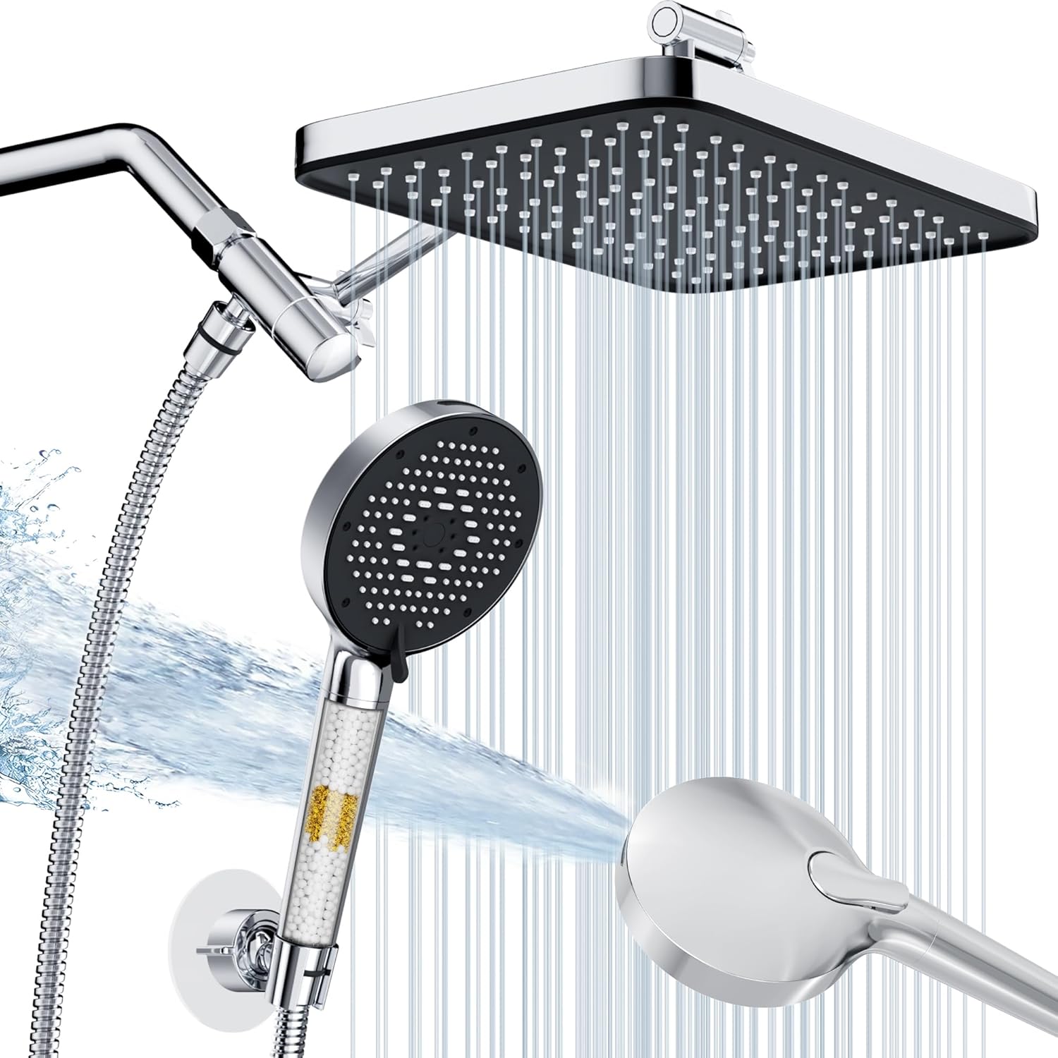 12 Inch Wide Rain Shower Head with NSF Filtered Handheld Combo, High Pressure Rainfall Shower Head, 9 Spray Modes Handheld with 9-Inch Extension Arm, Comes with Filter Removes Chlorine