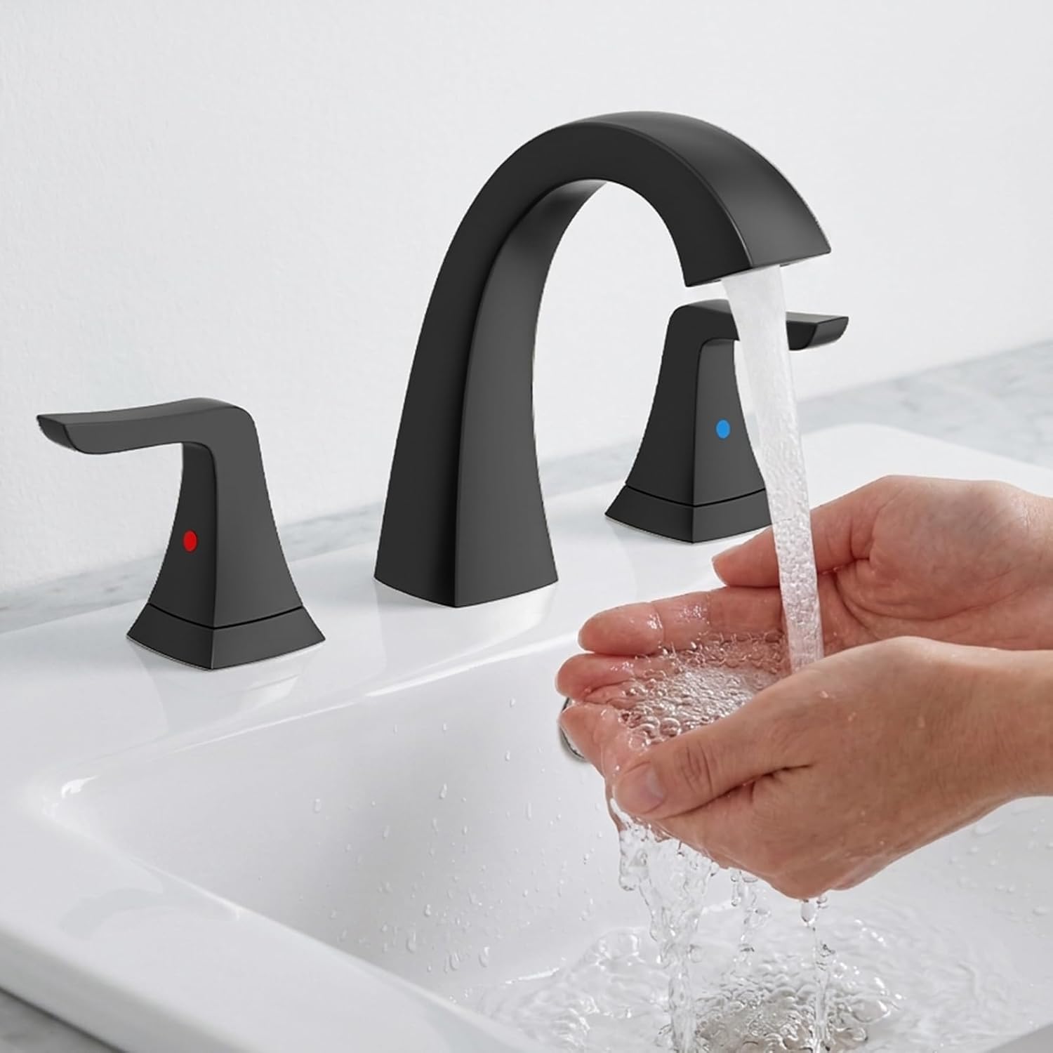 3-Hole Bathroom Sink Faucet - SR SUN RISE NSF Certified 8-inch Matte Black Faucets with Pop-up Drain Assembly, 2 Handles, 2 Water Supply Lines, Widespread Sink Faucet for Vanity, RV, and Bathroom