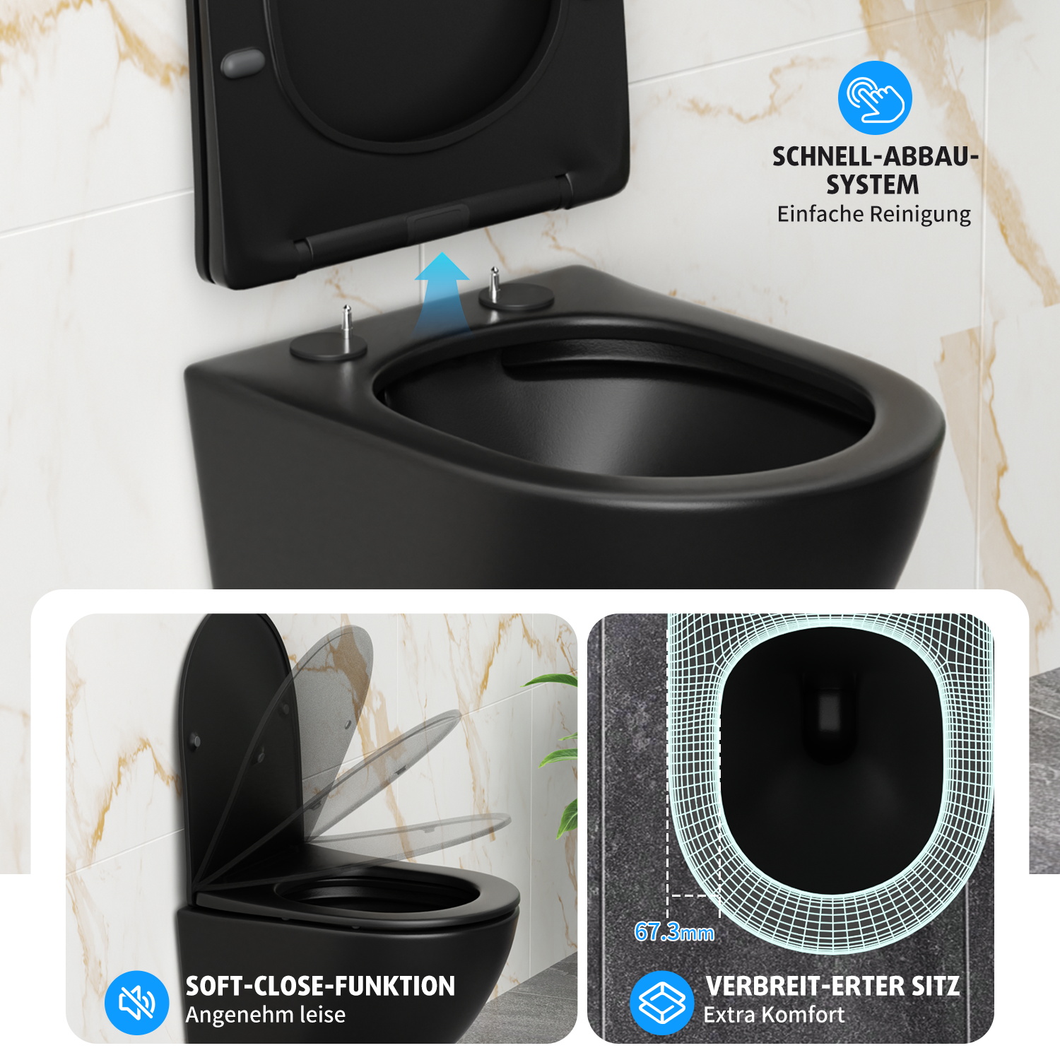 Rainsworth Wall-Mounted Toilet Rimless - Hanging Toilet Powerful Flushing with Efficient Flushing Technology, Toilet Bowl Including Toilet Seat with Soft-Close Mechanism and Quick Release, Black, 48.5 cm