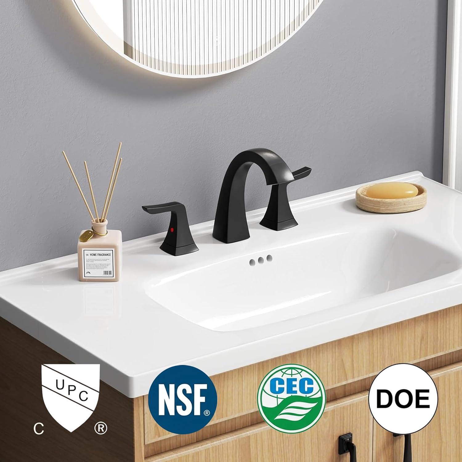 3-Hole Bathroom Sink Faucet - SR SUN RISE NSF Certified 8-inch Matte Black Faucets with Pop-up Drain Assembly, 2 Handles, 2 Water Supply Lines, Widespread Sink Faucet for Vanity, RV, and Bathroom