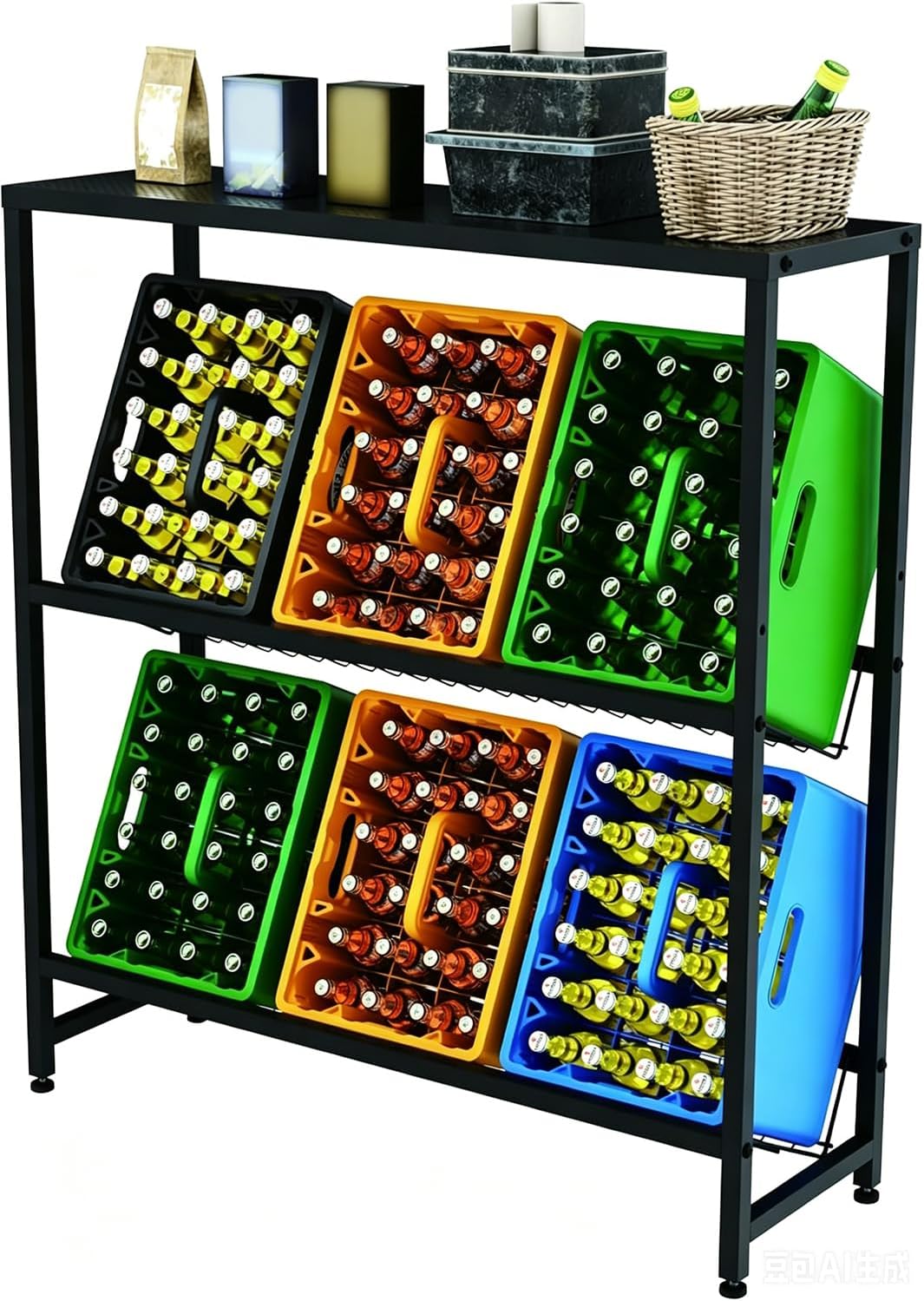 Rainsworth Drinks Crate Rack with Shelf with Metal Mesh Holder, 33D x 75W x 113H cm, 4 Crate Shelves for 4 Crates, Drinks Rack with Adjustable Feet