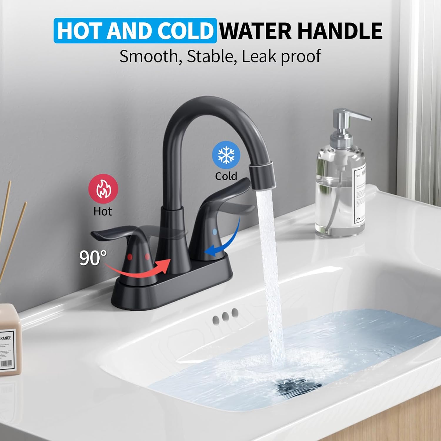 EMBATHER Bathroom Faucets Centerset, NSF Certified 4 inch Matte Black Vanity Faucet for Sink 2 or 3 Hole with Pop-up Drain and 2 Supply Hoses, 2 Handle Touch on Bathroom Sink Faucets