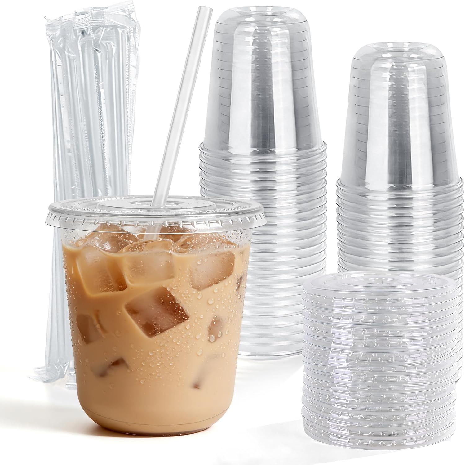Astomi 10 oz Disposable Plastic Cups, Clear Iced Coffee Cups with Lids and Straws, Sturdy and Food-Safe Plastic Cups with Lids, Portable Clear Drink Cups for Parties, Events, and Offices