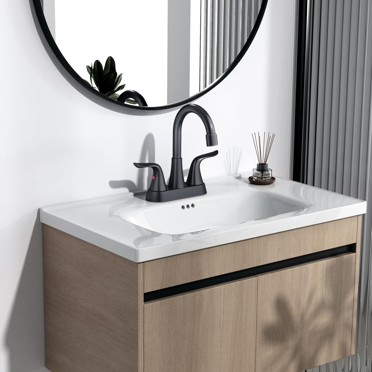 EMBATHER Bathroom Faucets Centerset, NSF Certified 4 inch Matte Black Vanity Faucet for Sink 2 or 3 Hole with Pop-up Drain and 2 Supply Hoses, 2 Handle Touch on Bathroom Sink Faucets