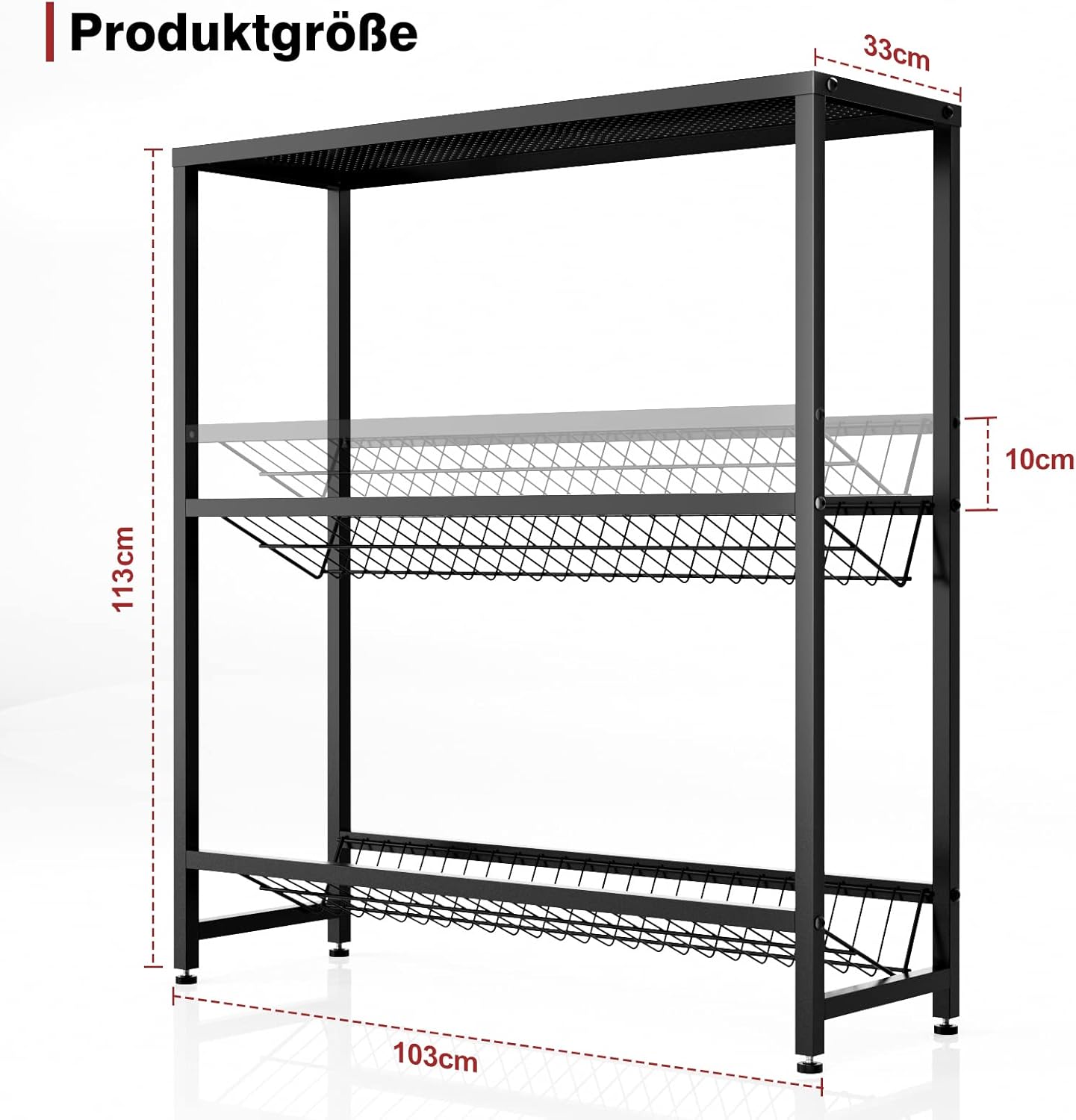 Rainsworth Drinks Crate Rack with Shelf with Metal Mesh Holder, 33D x 75W x 113H cm, 4 Crate Shelves for 4 Crates, Drinks Rack with Adjustable Feet