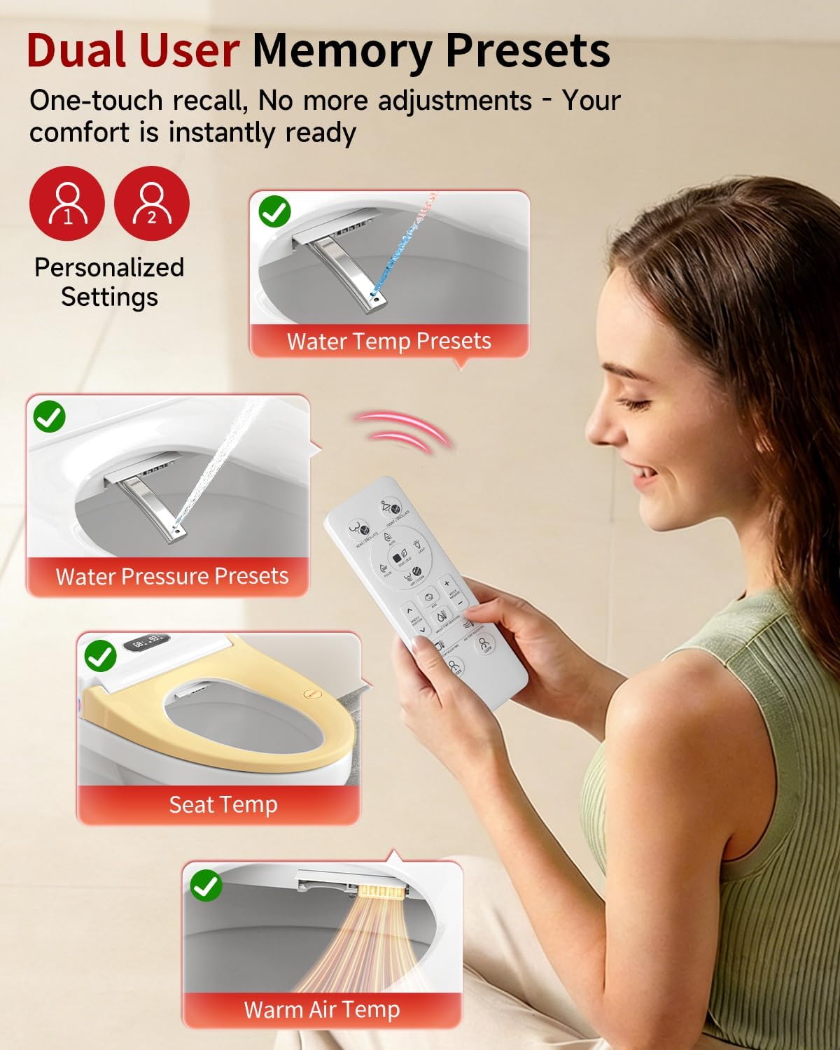 Rainsworth Smart Bidet Seat with Dual User Memory, Instant Heat & Auto-Dry Cycle - Adjustable Heated Seat, Warm Water, Stainless Nozzles, Remote & Knob Control for Elongated Toilets