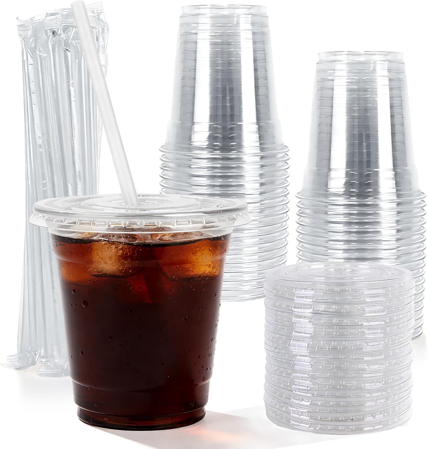 Astomi 10 oz Disposable Plastic Cups, Clear Iced Coffee Cups with Lids and Straws, Sturdy and Food-Safe Plastic Cups with Lids, Portable Clear Drink Cups for Parties, Events, and Offices