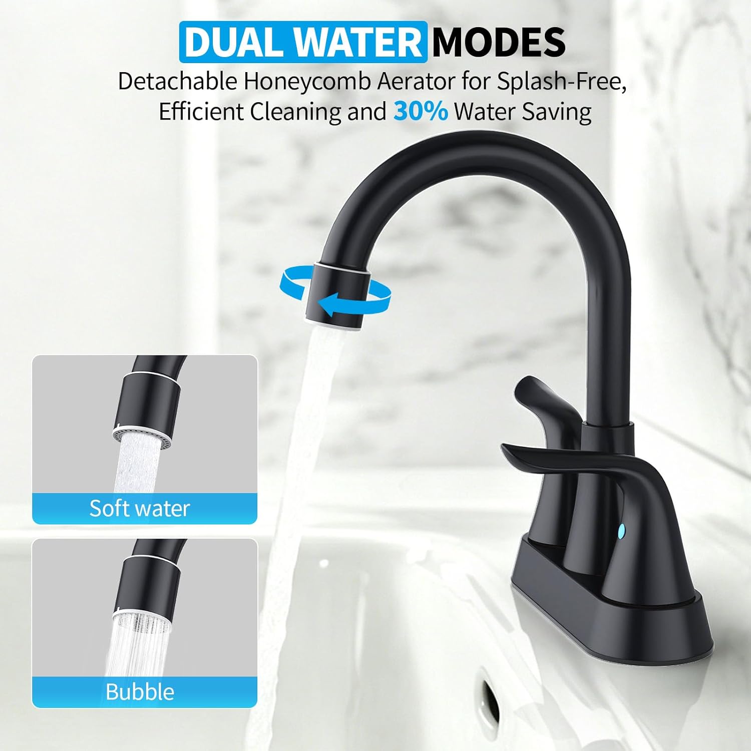 EMBATHER Bathroom Faucets Centerset, NSF Certified 4 inch Matte Black Vanity Faucet for Sink 2 or 3 Hole with Pop-up Drain and 2 Supply Hoses, 2 Handle Touch on Bathroom Sink Faucets