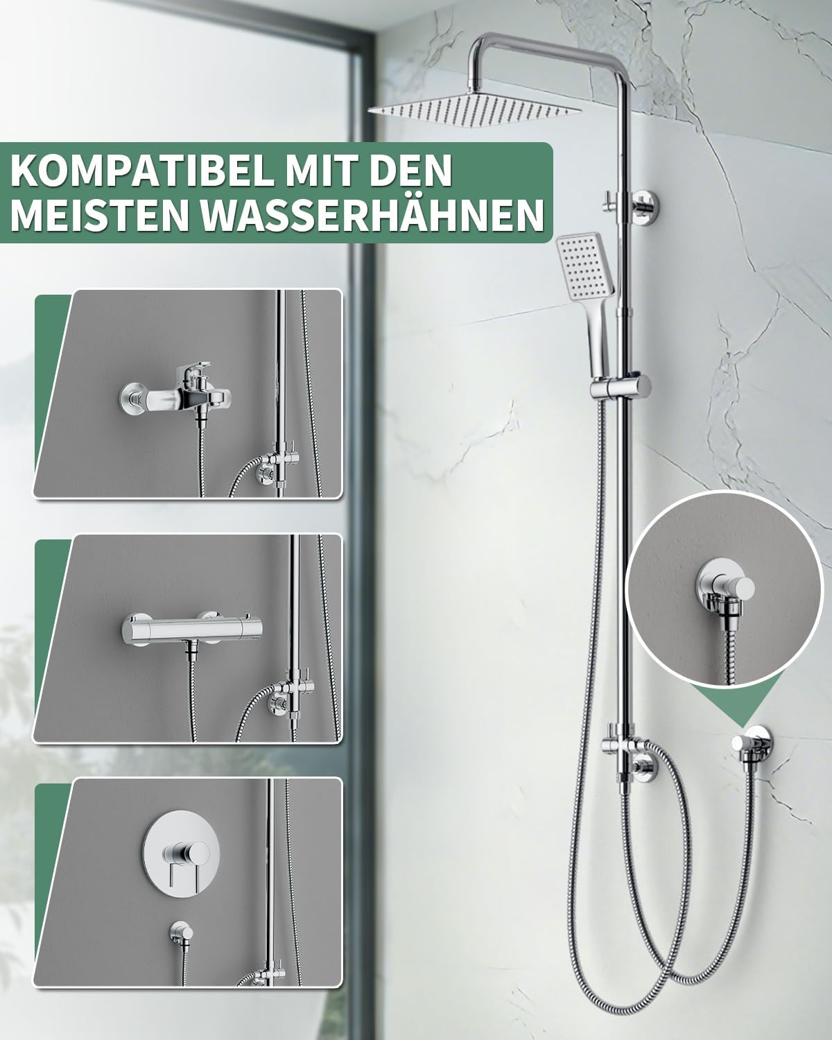 SunCleanse Rain shower without fittings, square shower head made of stainless steel, 25 x 25 cm, height adjustable shower rail from 75-110 cm, with high pressure hand shower, shower system with brass switching valve, chrome