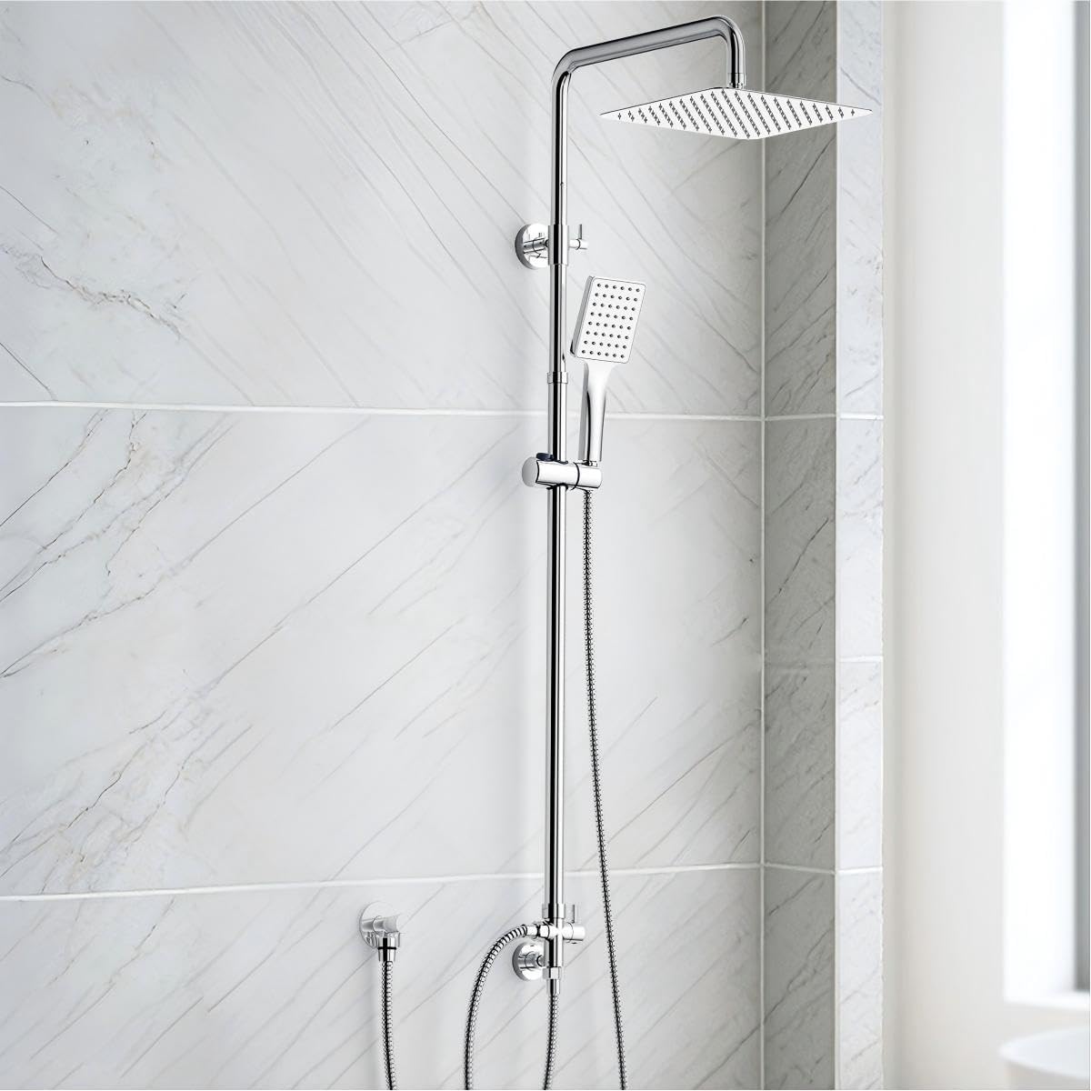 SunCleanse Rain shower without fittings, square shower head made of stainless steel, 25 x 25 cm, height adjustable shower rail from 75-110 cm, with high pressure hand shower, shower system with brass switching valve, chrome