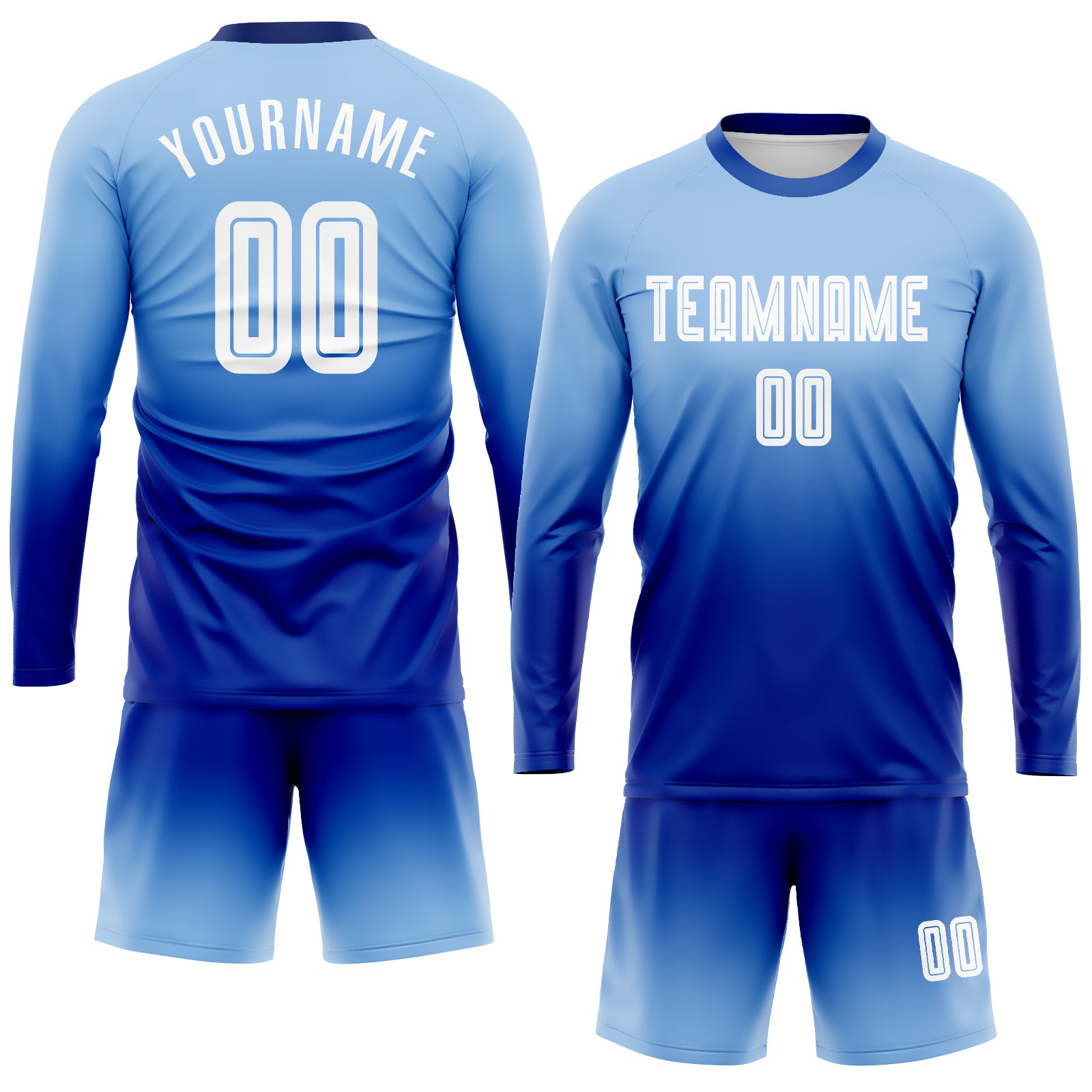 Custom Light Blue White-Royal Sublimation Long Sleeve Fade Fashion Soccer Uniform Jersey～～～$22.99～Sublimation Long Sleeve Soccer～～mysite～shopiaas～啦啦啦