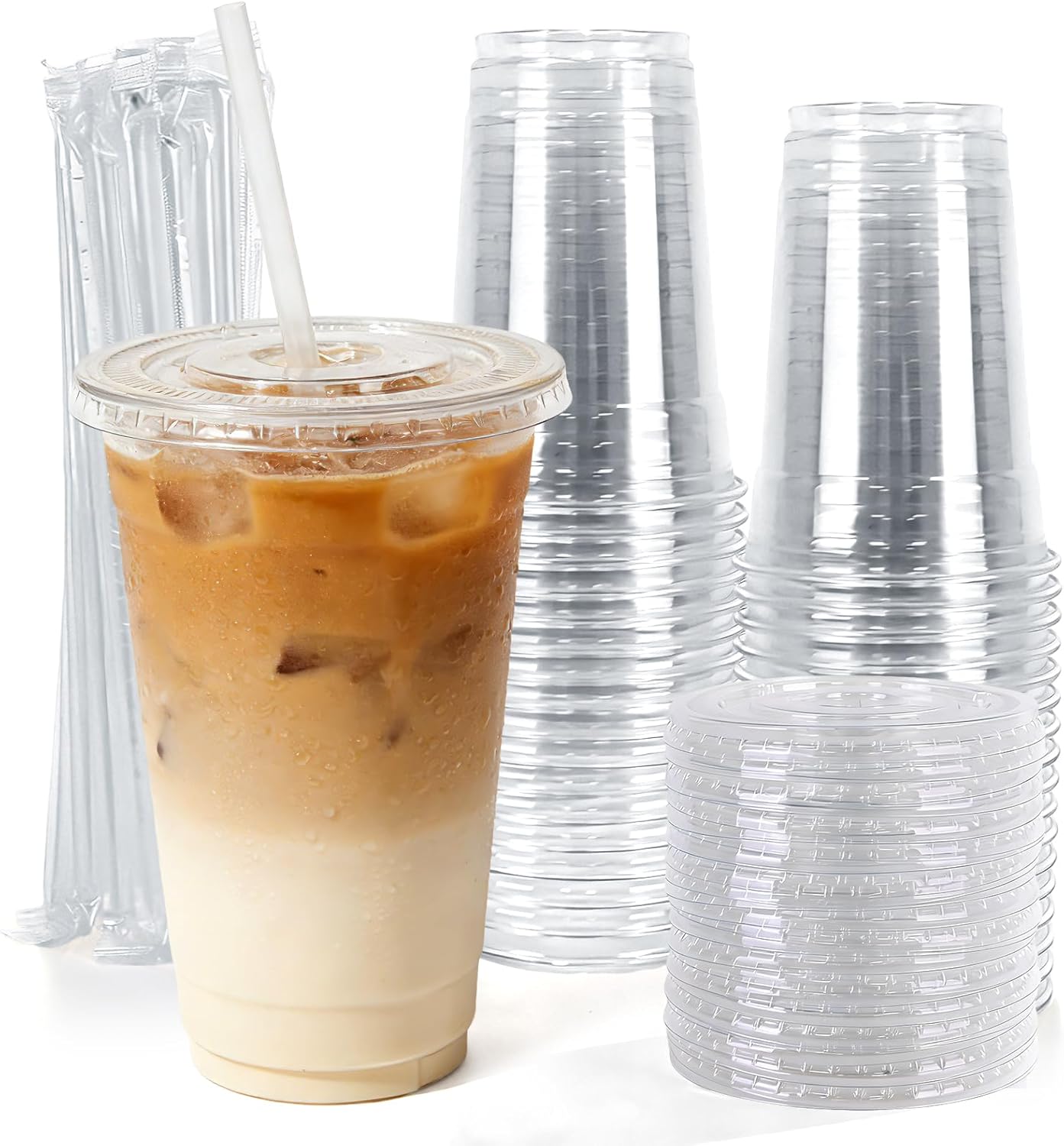 Astomi 10 oz Disposable Plastic Cups, Clear Iced Coffee Cups with Lids and Straws, Sturdy and Food-Safe Plastic Cups with Lids, Portable Clear Drink Cups for Parties, Events, and Offices
