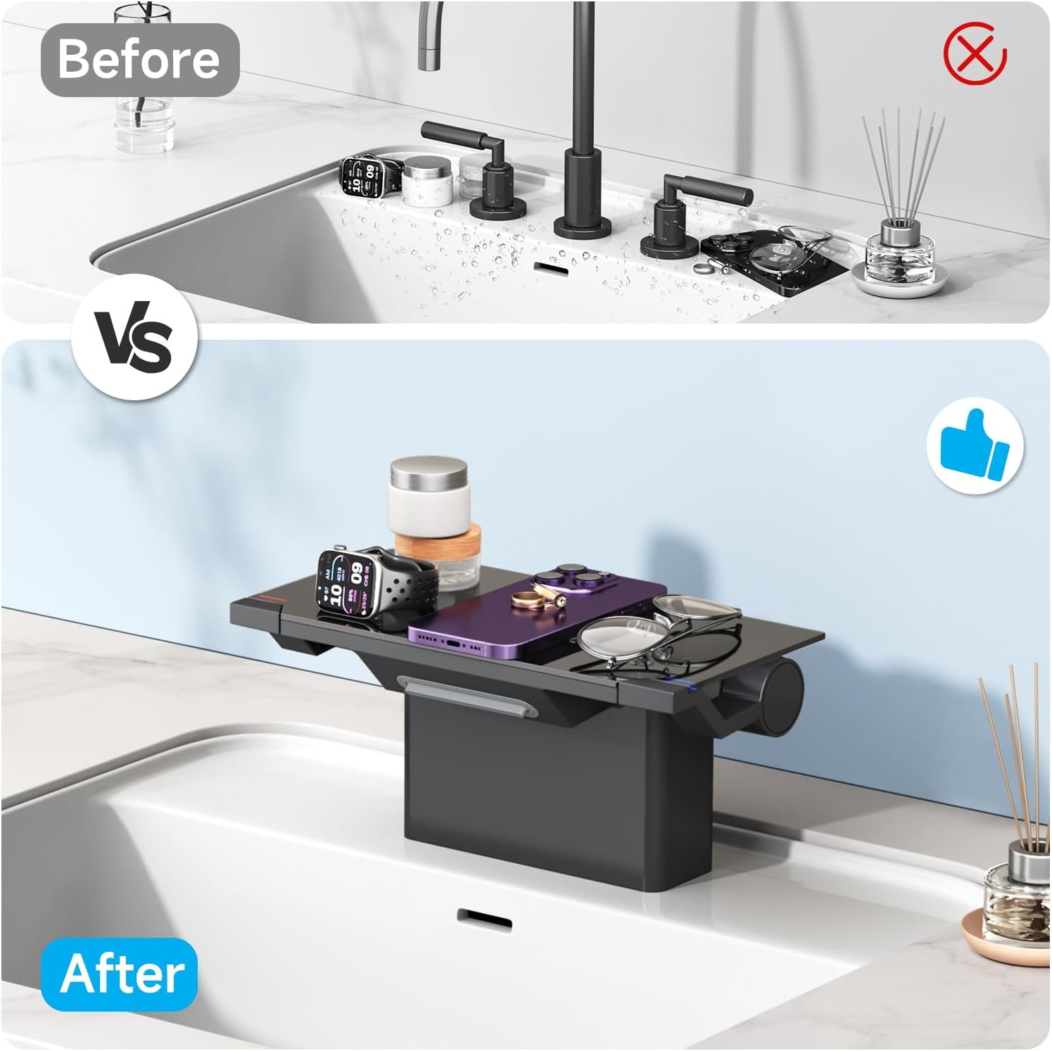 EMBATHER Matte Black Bathroom Faucet with Storage Platform for Bathroom Sink - NSF Certified 4 Inch 2 Handle Basin Faucet, Widerspread Bathroom Sink Faucet