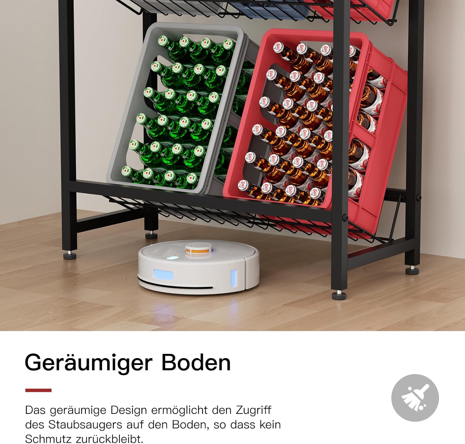 Rainsworth Drinks Crate Rack with Shelf with Metal Mesh Holder, 33D x 75W x 113H cm, 4 Crate Shelves for 4 Crates, Drinks Rack with Adjustable Feet
