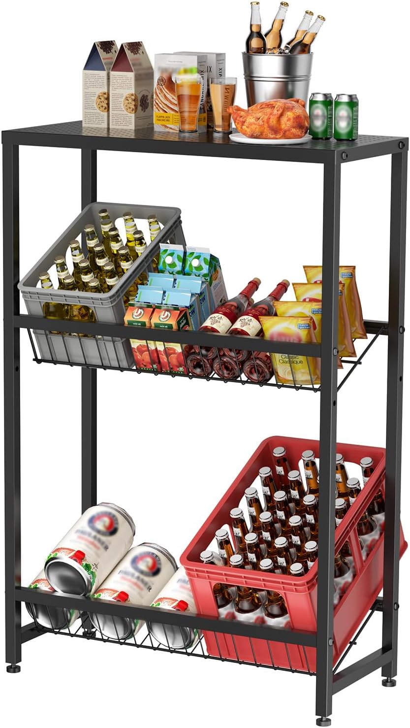 Rainsworth Drinks Crate Rack with Shelf with Metal Mesh Holder, 33D x 75W x 113H cm, 4 Crate Shelves for 4 Crates, Drinks Rack with Adjustable Feet