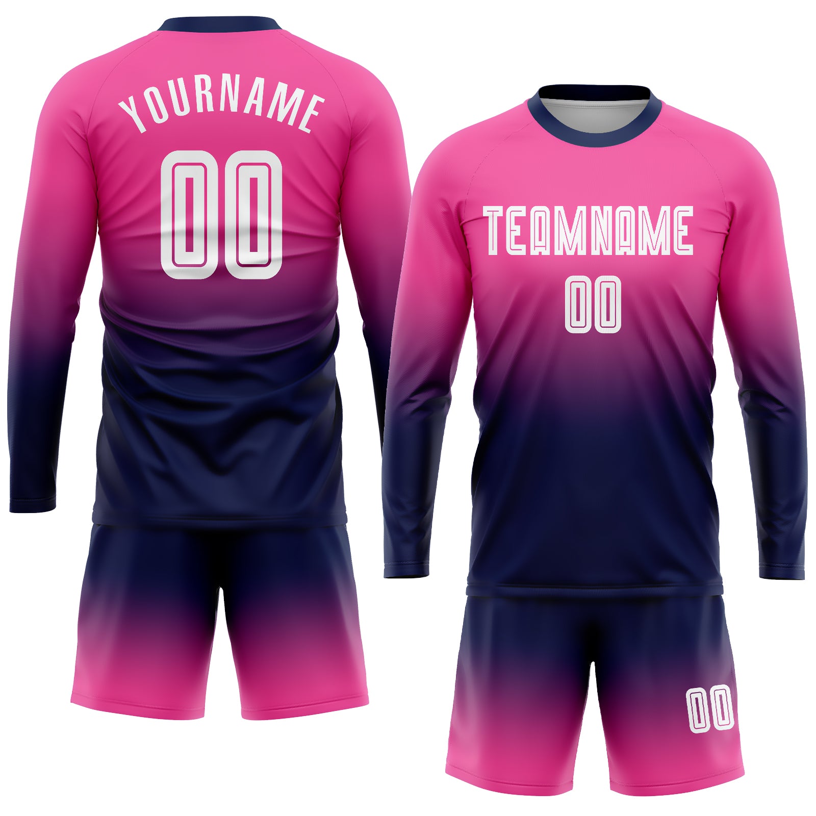 Custom Pink White-Navy Sublimation Long Sleeve Fade Fashion Soccer Uniform Jersey～～～$22.99～Sublimation Long Sleeve Soccer～～mysite～shopiaas～啦啦啦