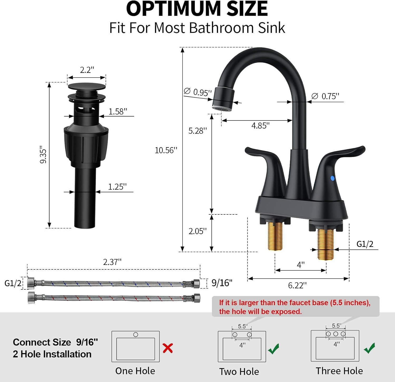 EMBATHER Bathroom Faucets Centerset, NSF Certified 4 inch Matte Black Vanity Faucet for Sink 2 or 3 Hole with Pop-up Drain and 2 Supply Hoses, 2 Handle Touch on Bathroom Sink Faucets