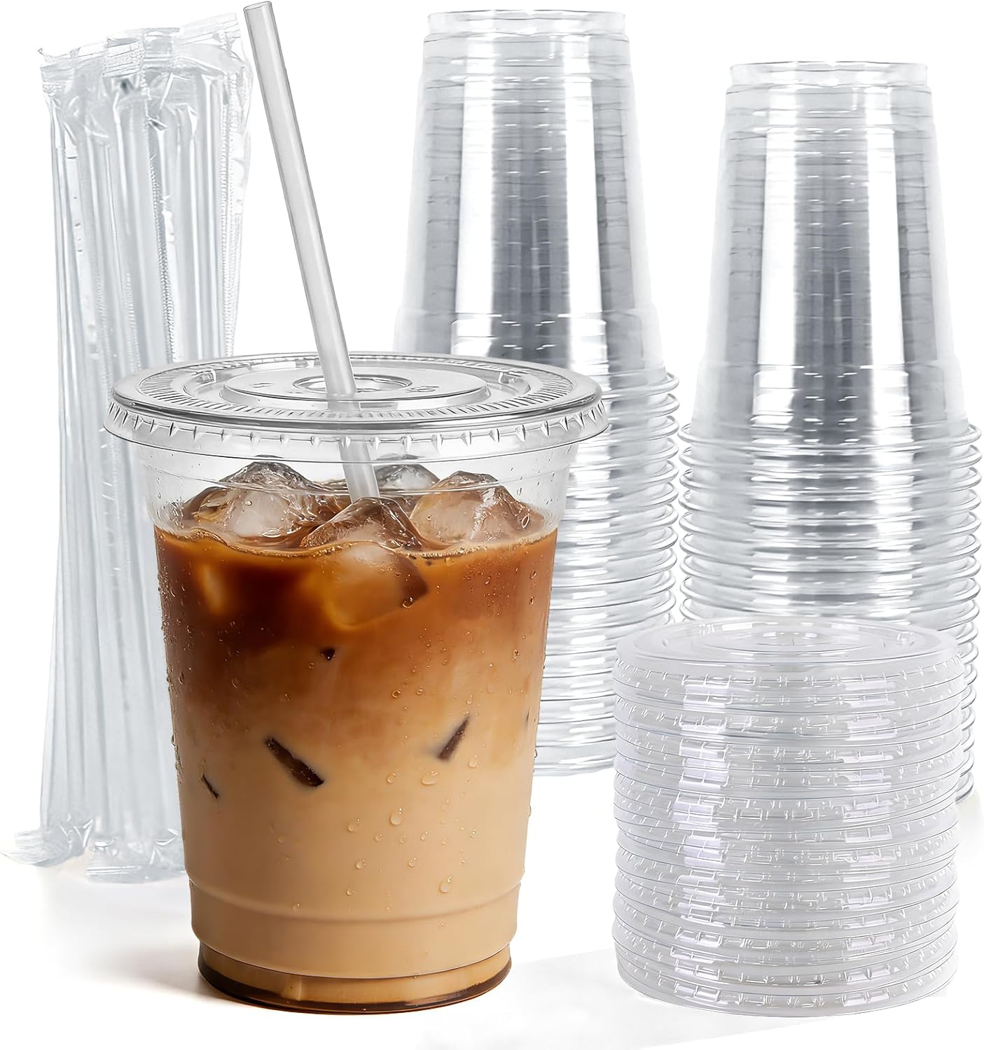 Astomi 10 oz Disposable Plastic Cups, Clear Iced Coffee Cups with Lids and Straws, Sturdy and Food-Safe Plastic Cups with Lids, Portable Clear Drink Cups for Parties, Events, and Offices