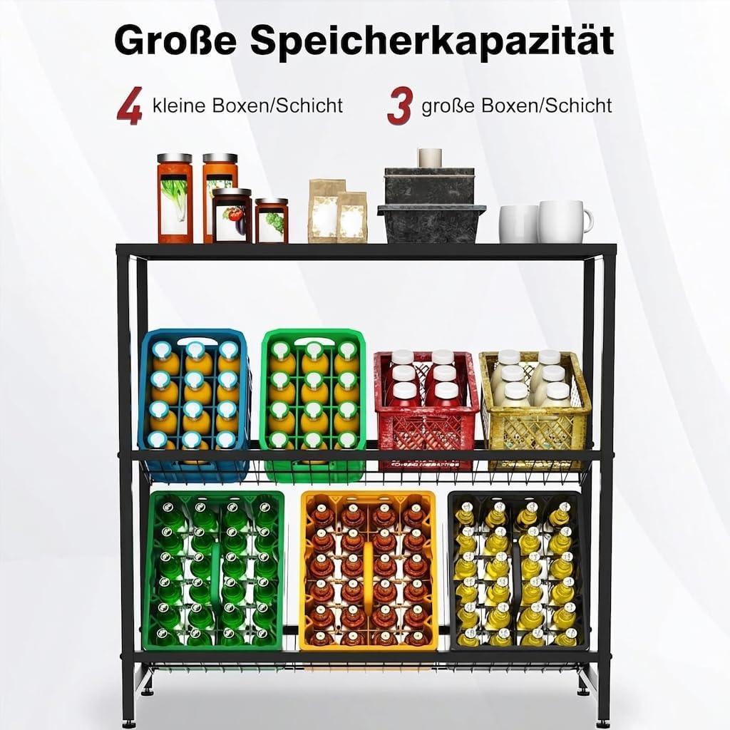 Rainsworth Drinks Crate Rack with Shelf with Metal Mesh Holder, 33D x 75W x 113H cm, 4 Crate Shelves for 4 Crates, Drinks Rack with Adjustable Feet