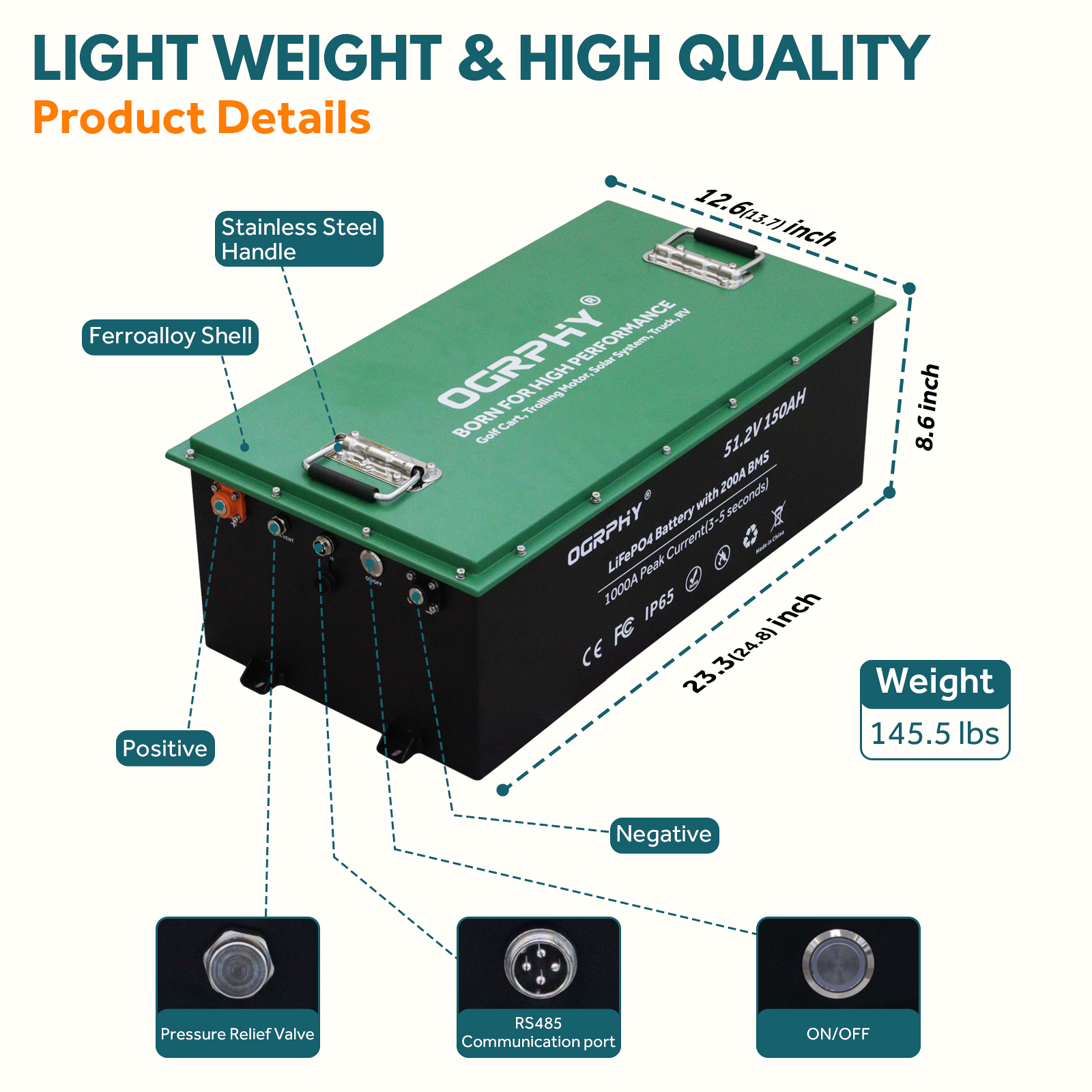 OGRPHY 48V150AH Golf Cart lithium Battery with Touch Monitor &Mobile